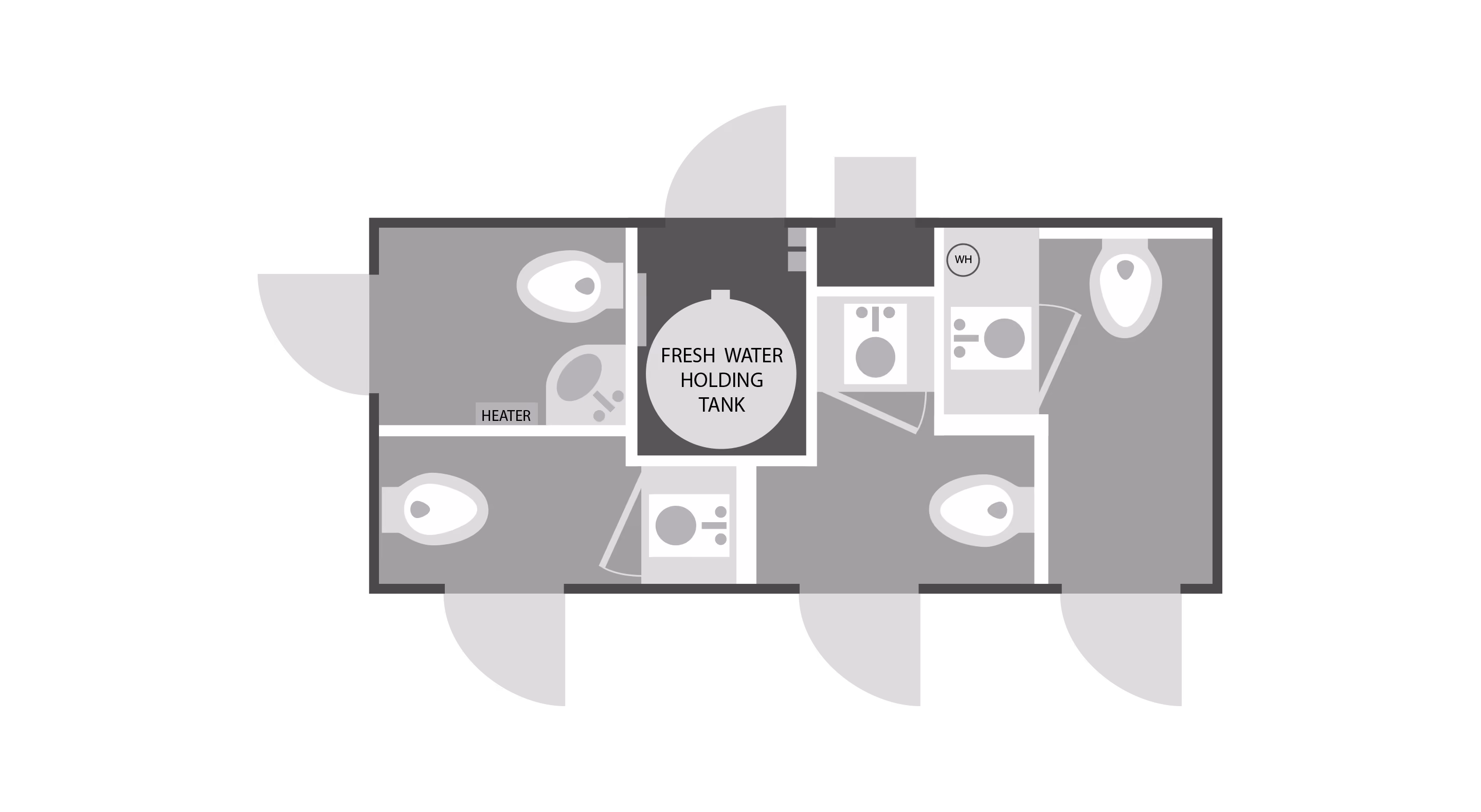 Floor plan showing a 6x14 layout with bathroom fixtures, a fresh water holding tank, and heater.