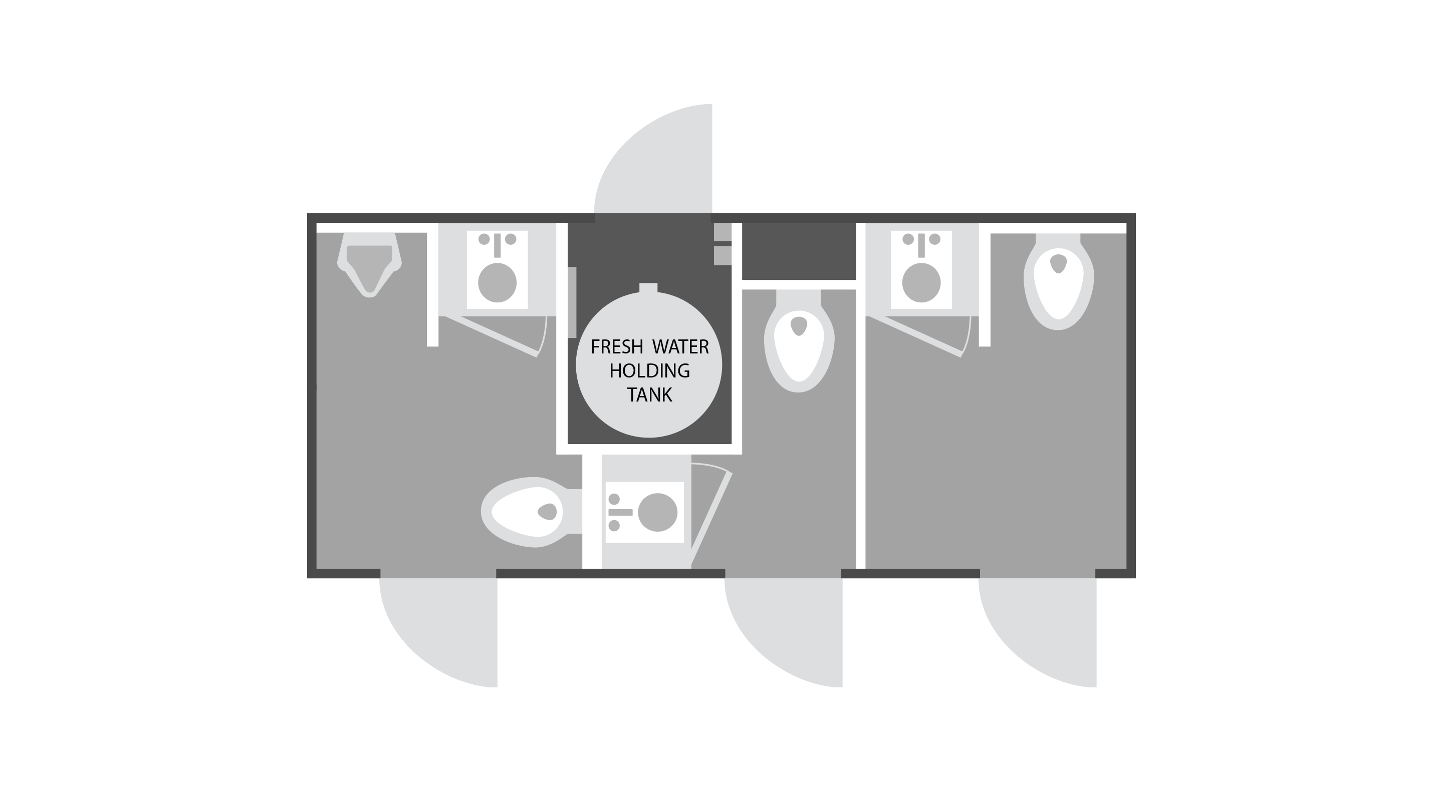Floor plan of three bathroom units with sinks, toilets, and central fresh water holding tank.