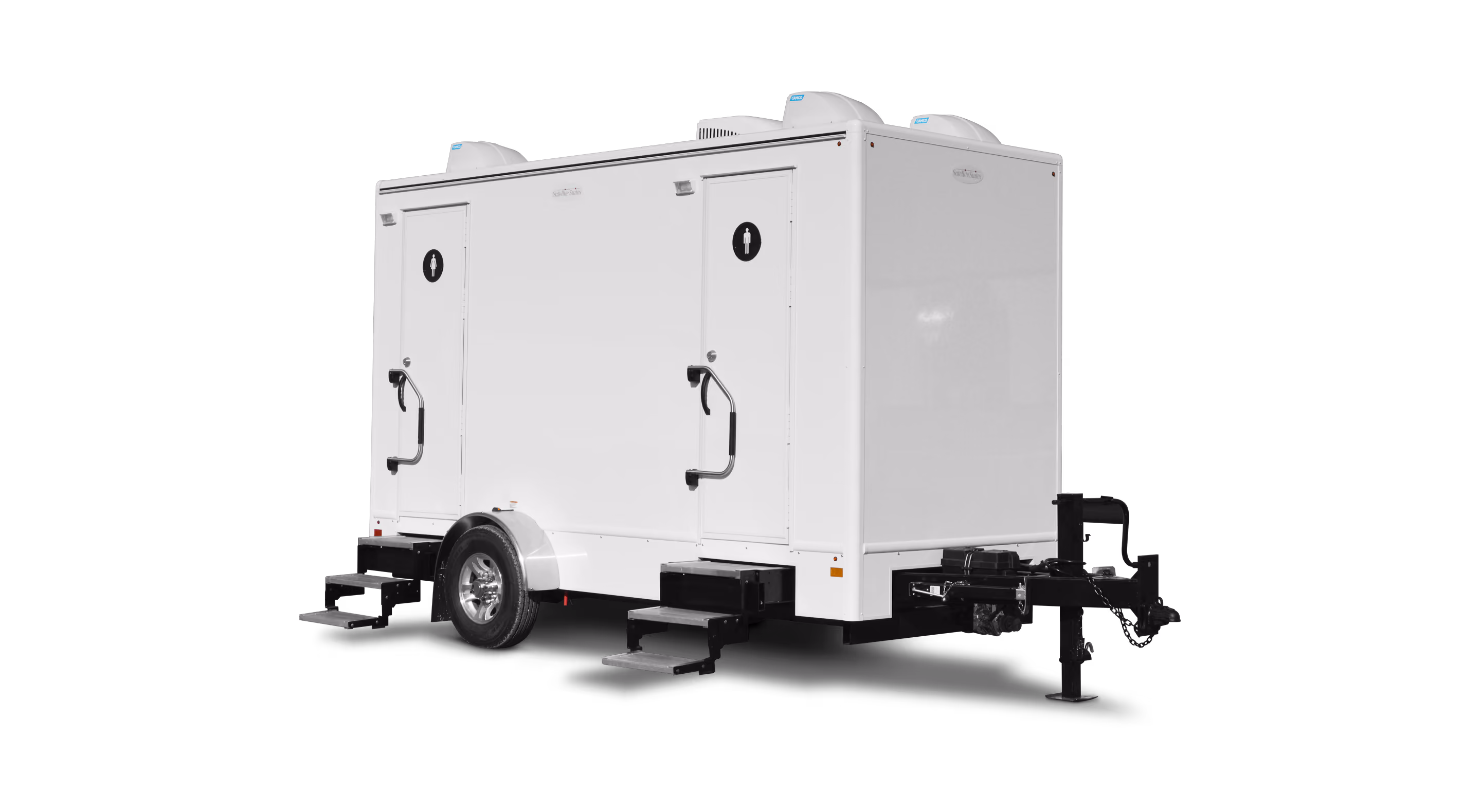 Two-stall portable restroom trailer with steps, white exterior, and dual entrances.