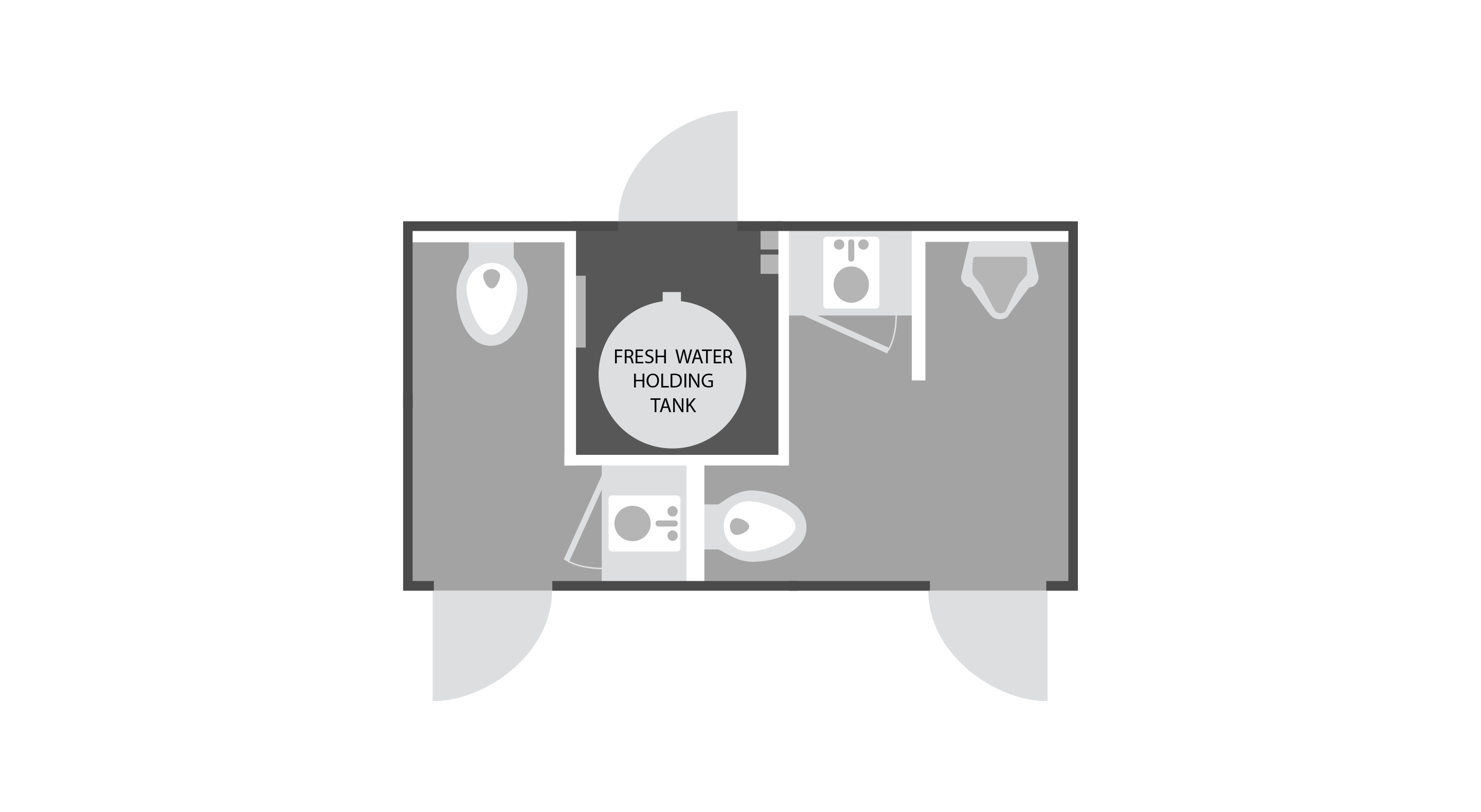Floor plan of a small living unit with fresh water tank, toilets, and sinks.
