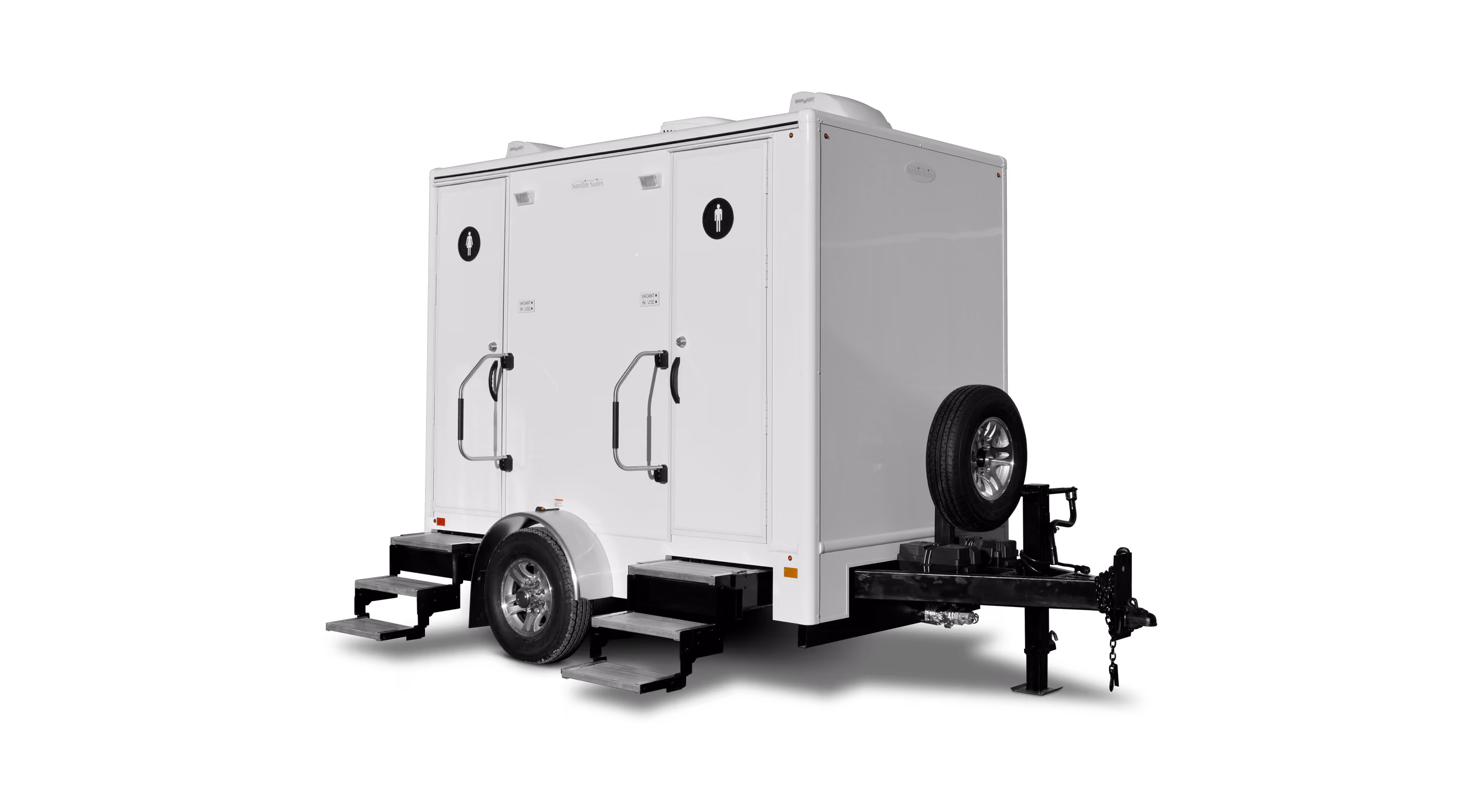 Dual-stall portable restroom trailer with steps, white exterior, and single wheel.