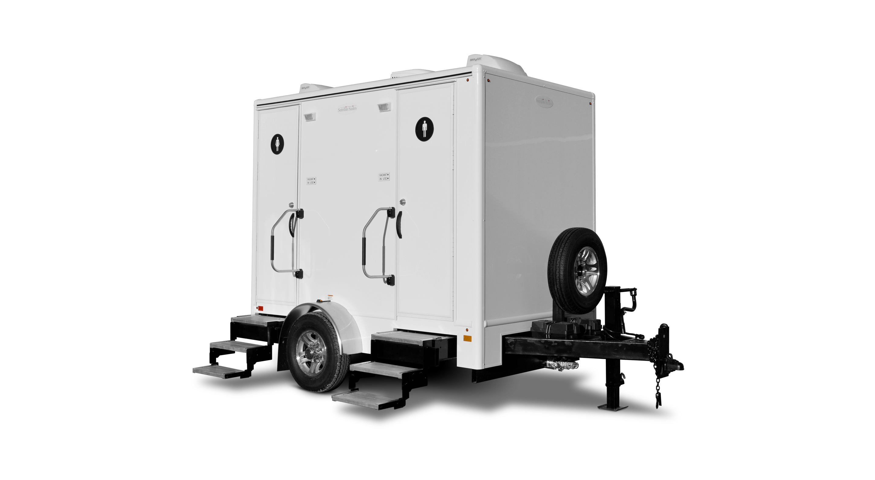 Dual-stall portable restroom trailer with steps, white exterior, and single wheel.