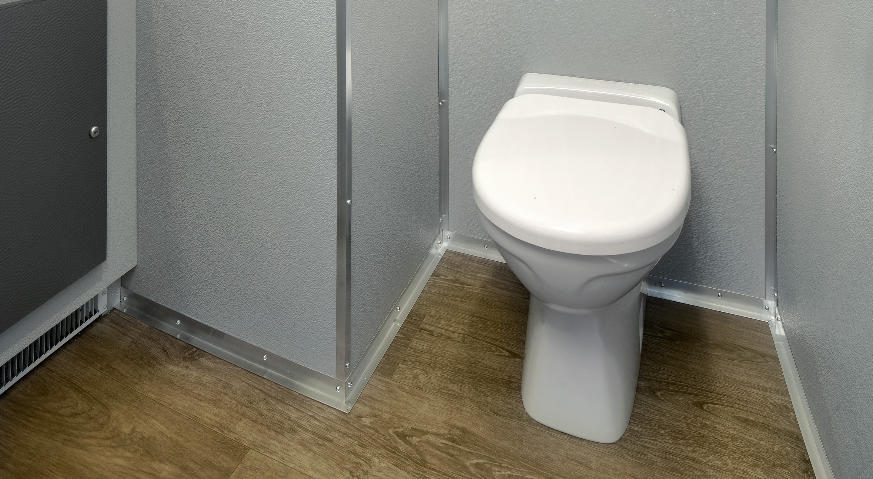 White toilet in a small room with gray walls and wood-look vinyl flooring.