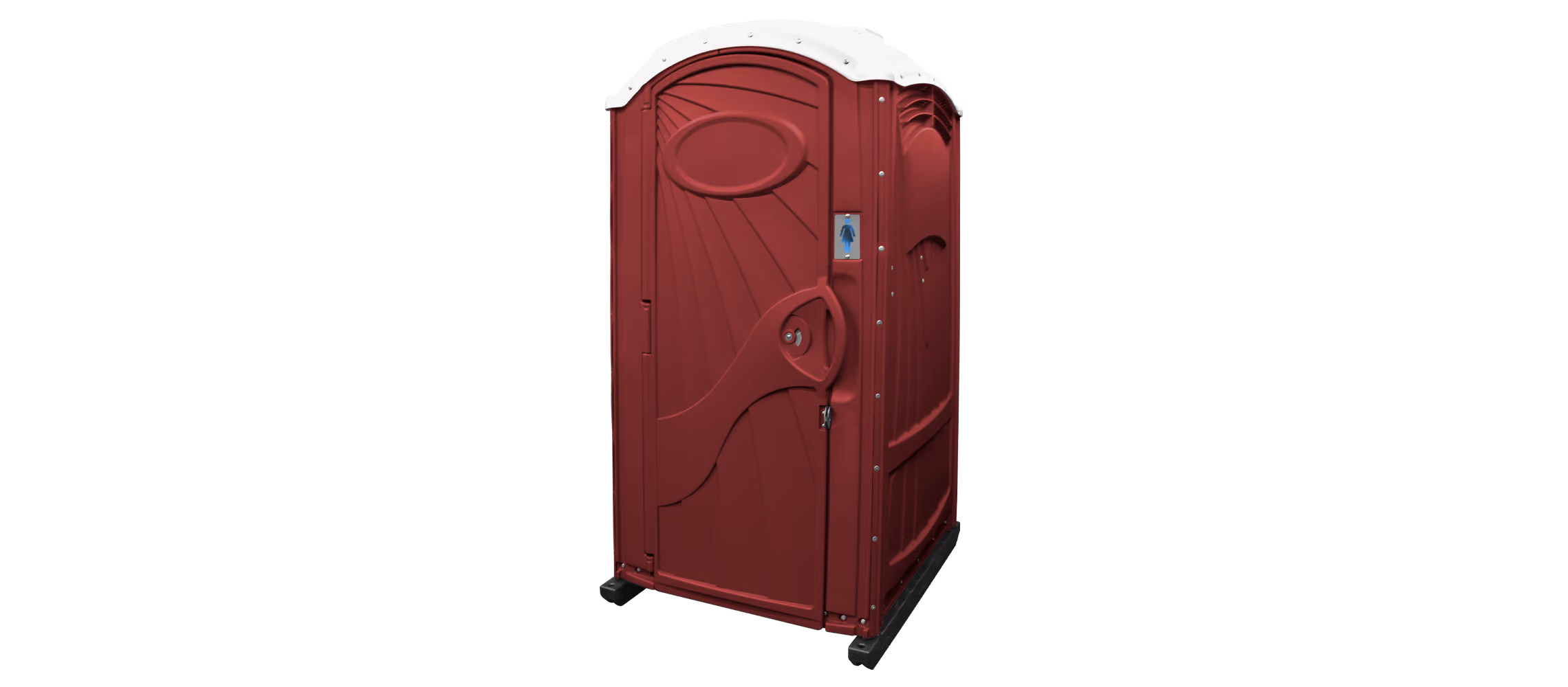 Maroon portable toilet with a decorative door design and a locking mechanism.