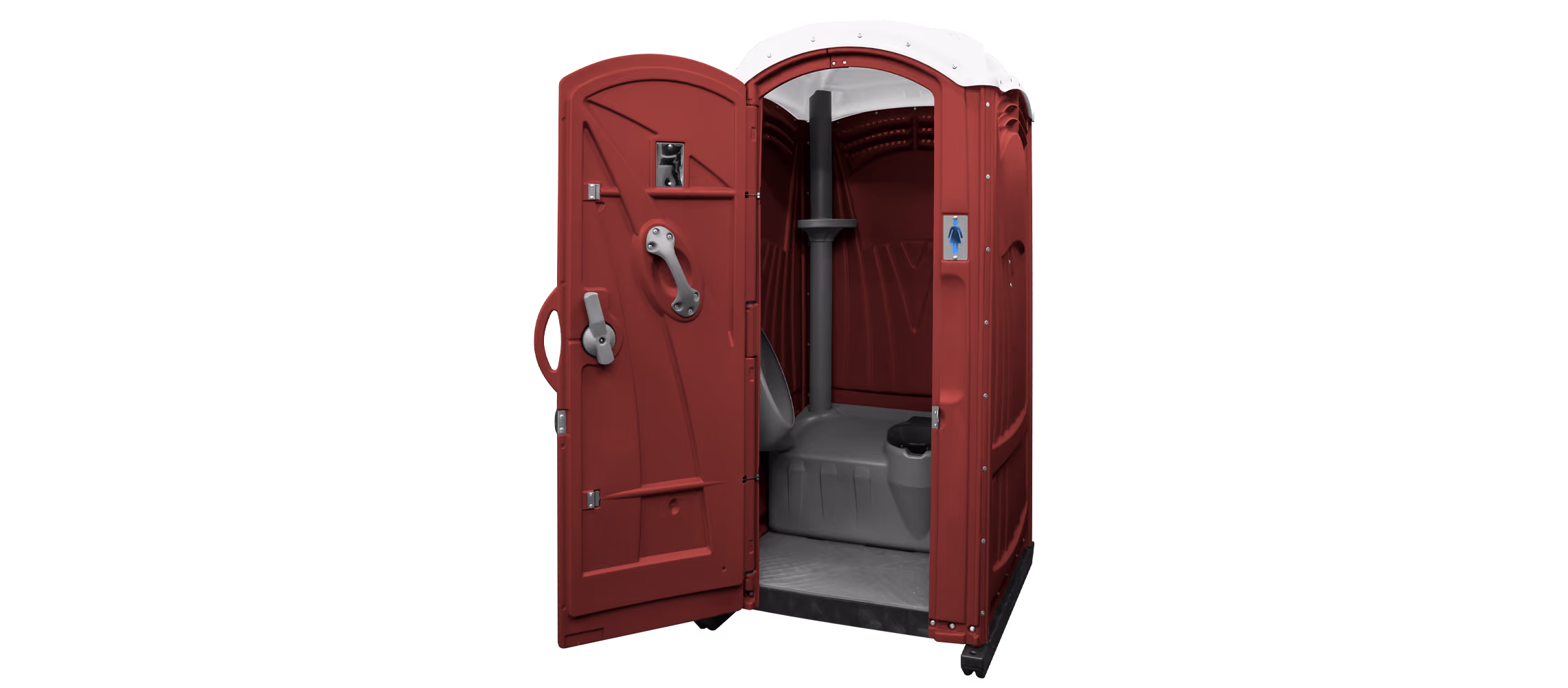 Portable restroom in Aspen Maroon, featuring dual doors and interior toilet设施.
