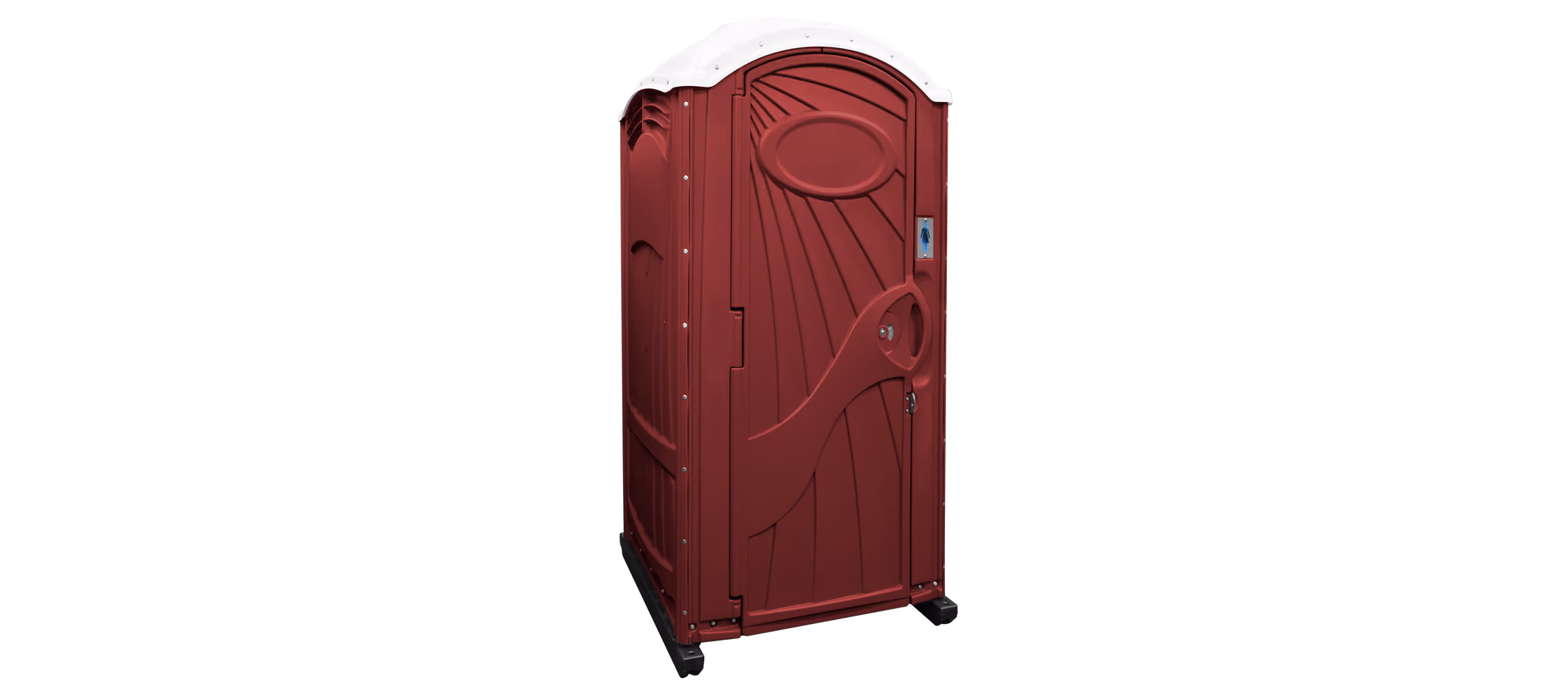 A maroon portable restroom with a textured design and a white roof.