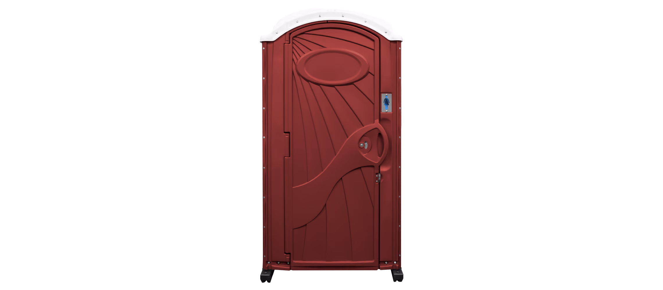 Red portable restroom with white roof and women's symbol on the door.
