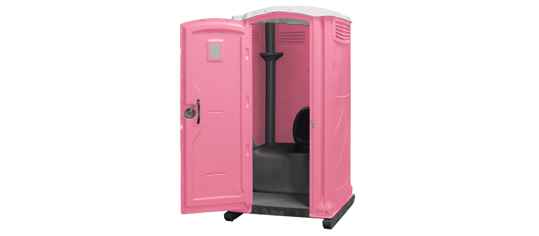 Pink portable toilet with a door slightly ajar, revealing a black interior.