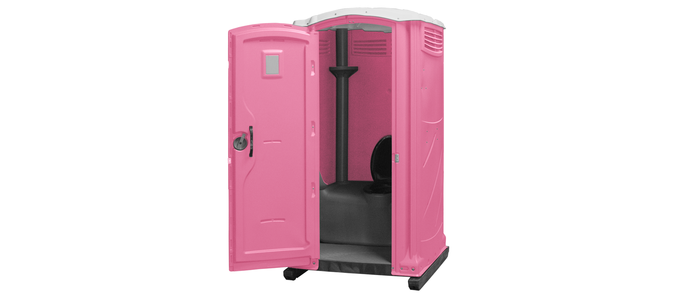 Pink portable toilet with a door slightly ajar, revealing a black interior.