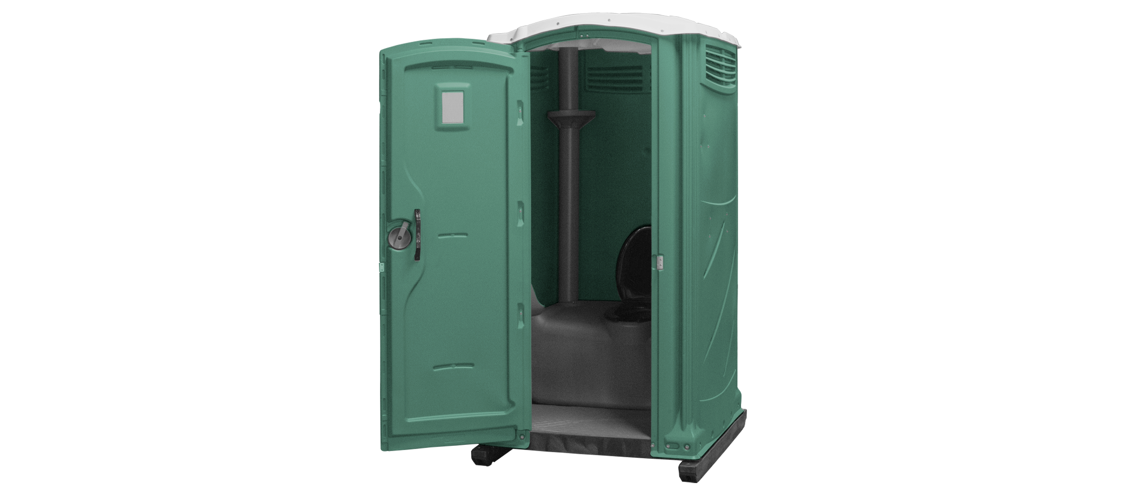 Forest green portable toilet with an open door, showing interior and toilet seat inside.