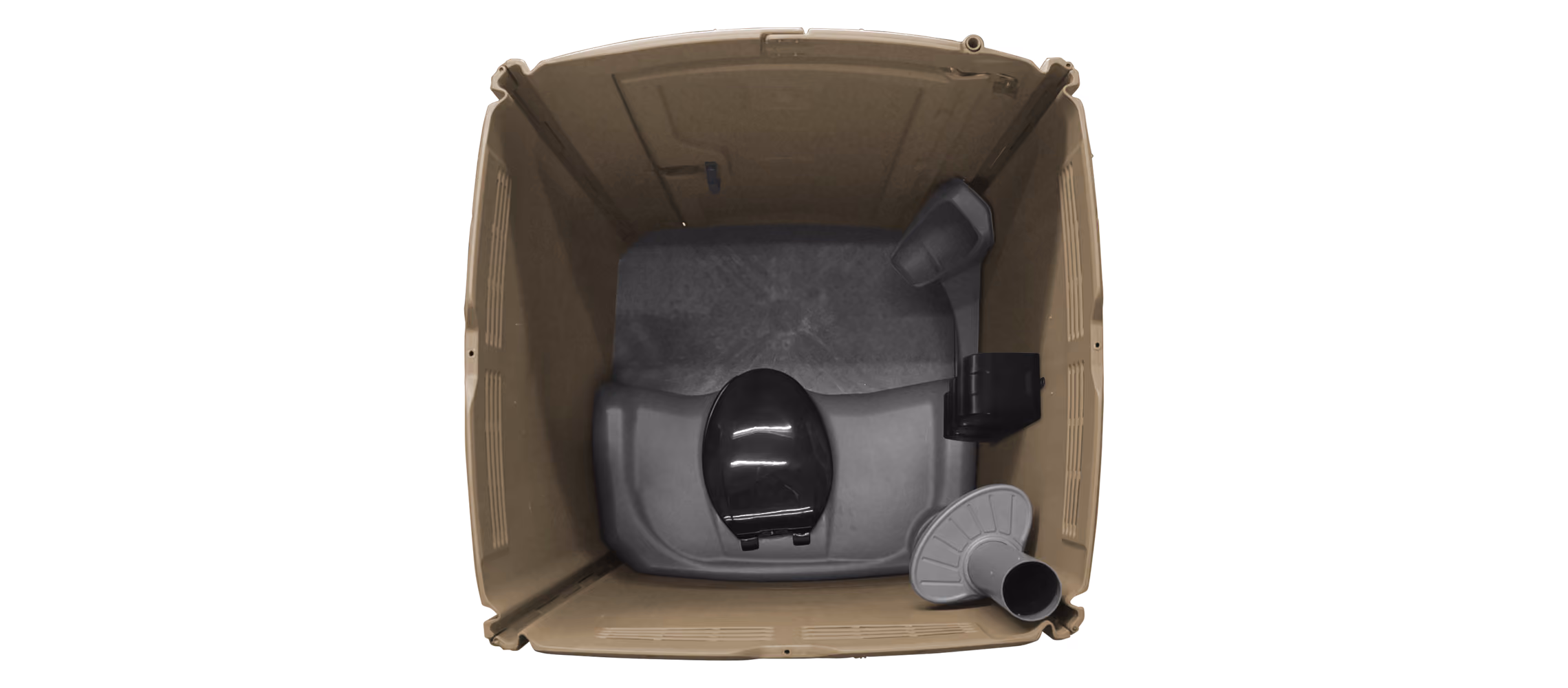 Top view of an empty plastic dog crate with a black tray and gray accessories inside.