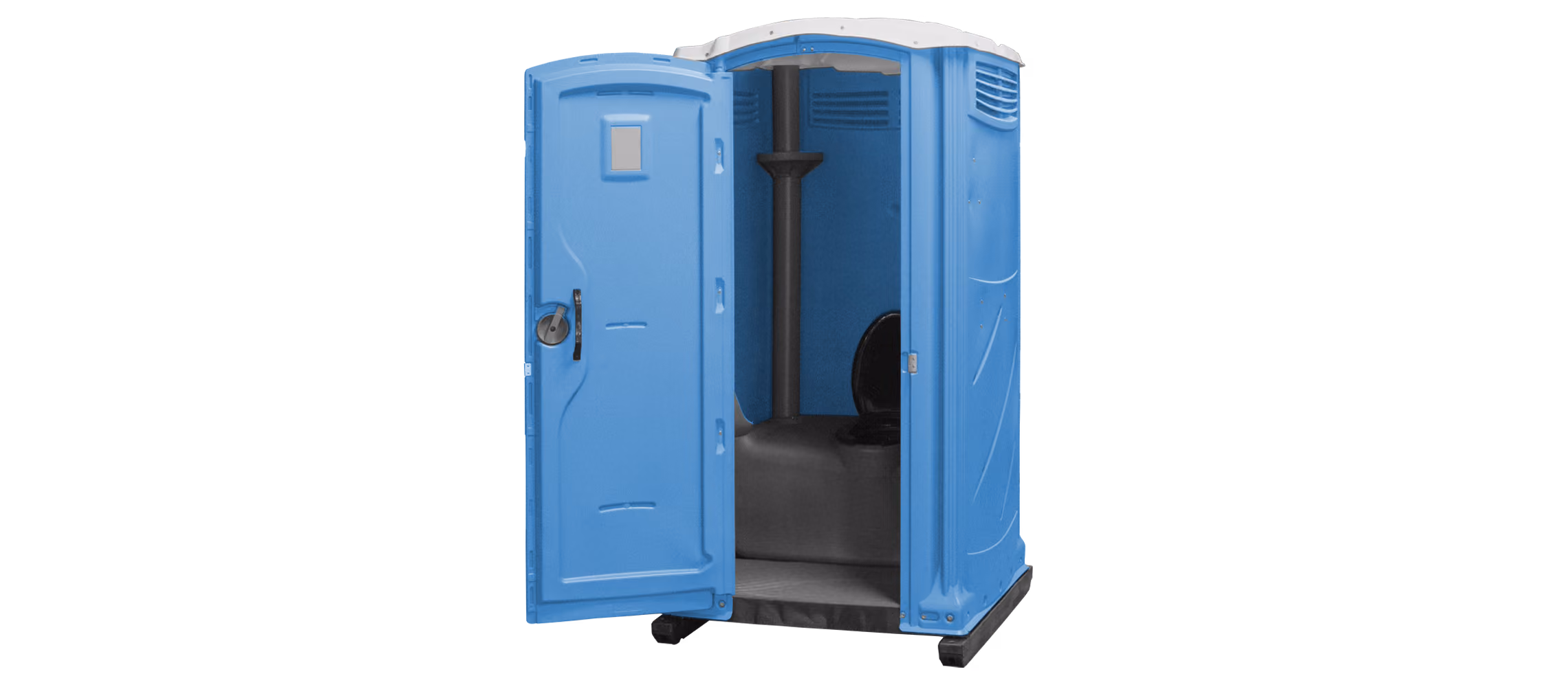 Blue portable toilet with an open door, featuring an interior seat and hand sanitizer dispenser.