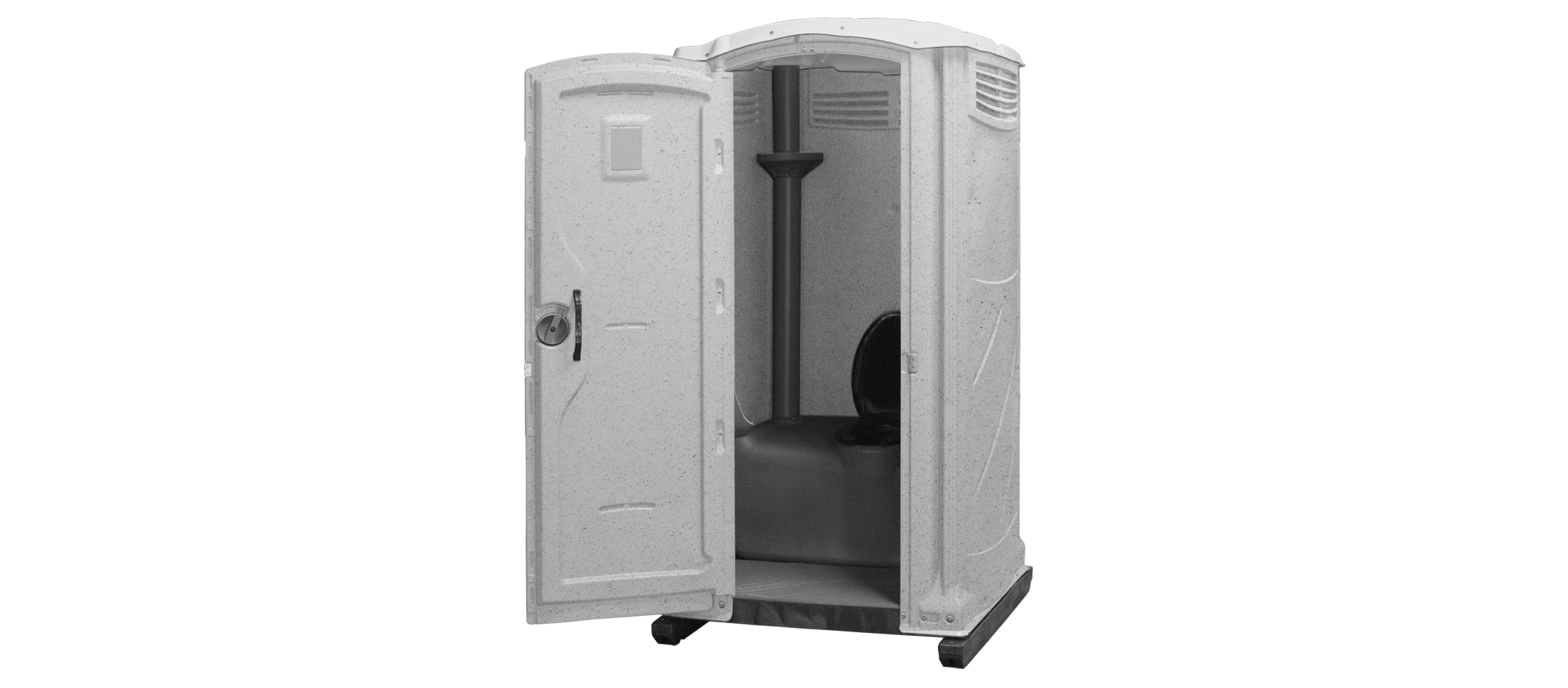Portable toilet unit with a closed door and interior features like a toilet seat and hand sanitizer