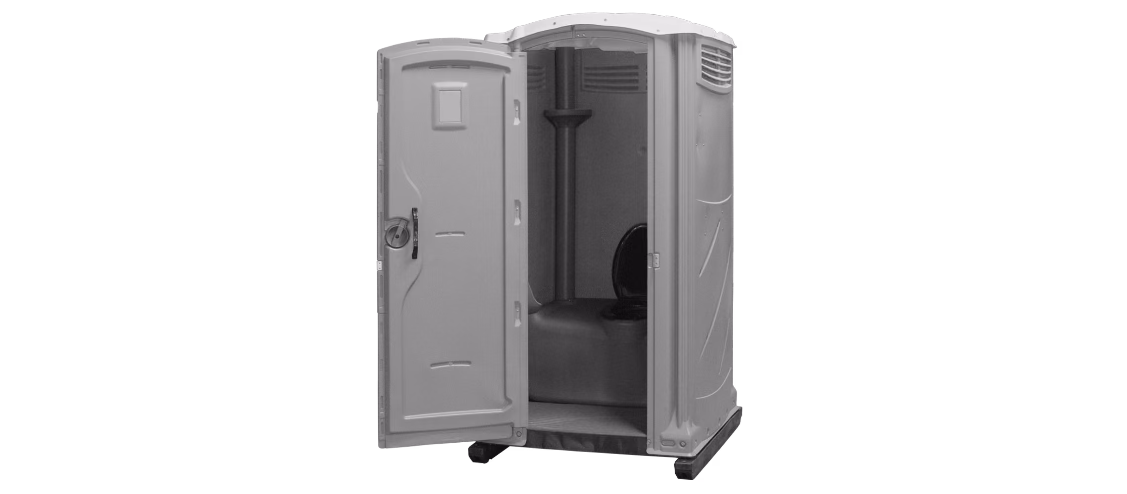 Portable toilet with an open door, showing a dark gray exterior and basic interior features.
