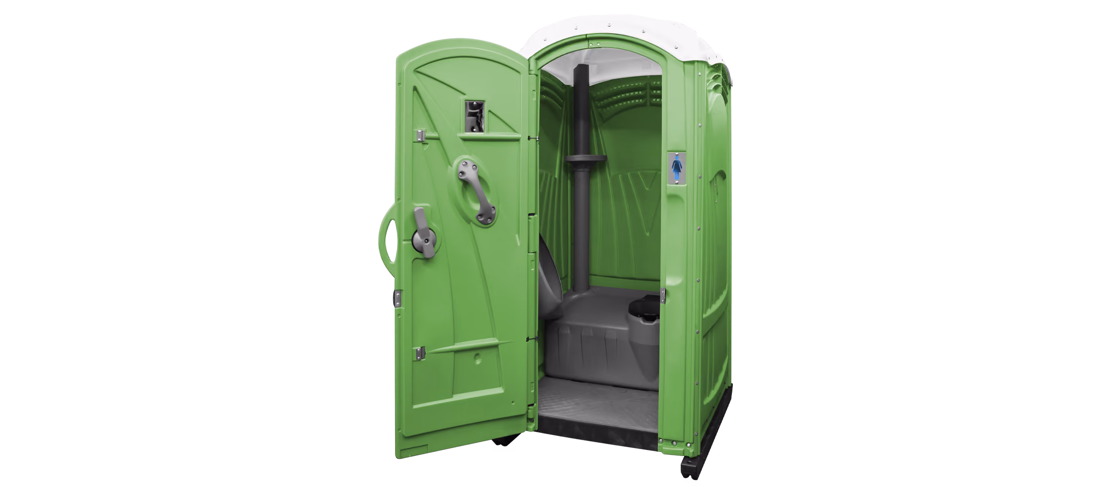 Green portable toilet with an open door, featuring a single toilet seat and hand sanitizer dispenser