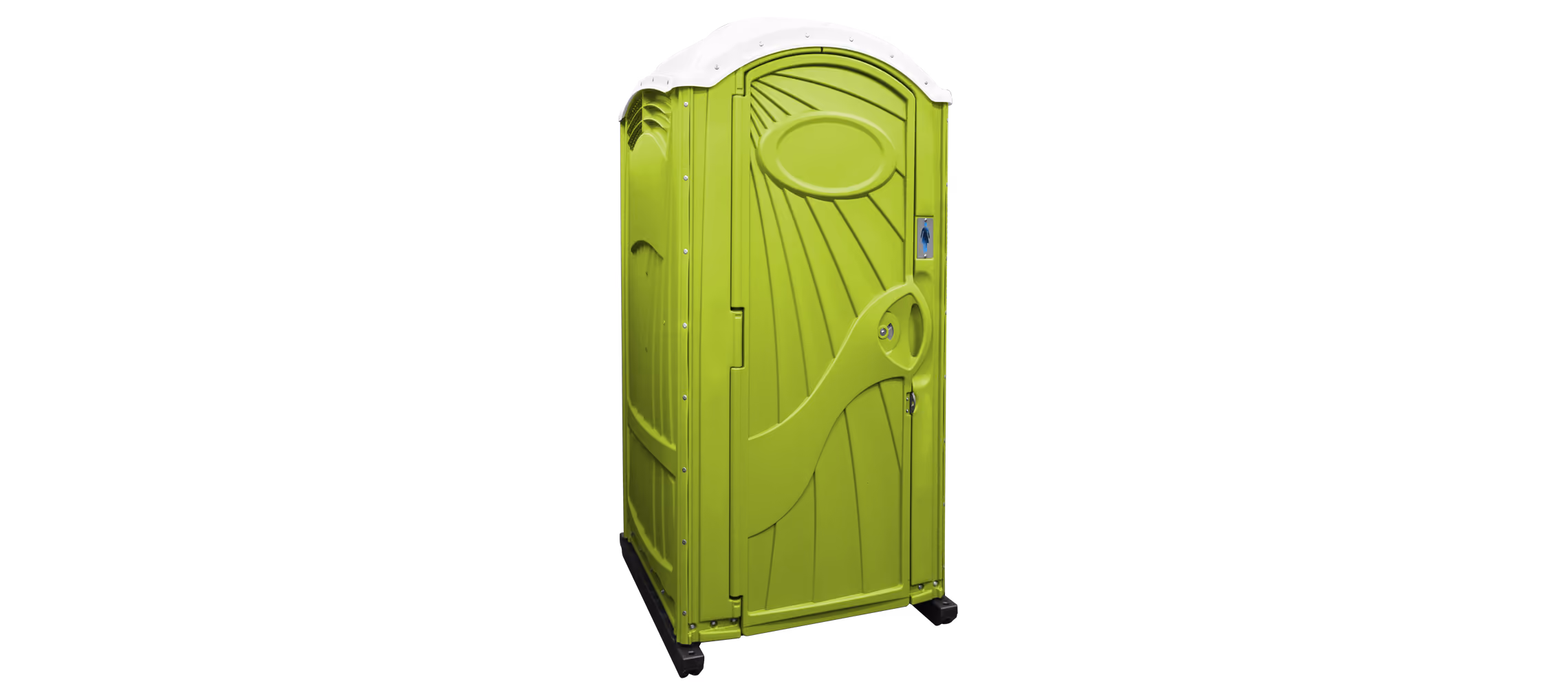 Bright green portable toilet with a curved design and a domed white roof, on wheels for mobility.