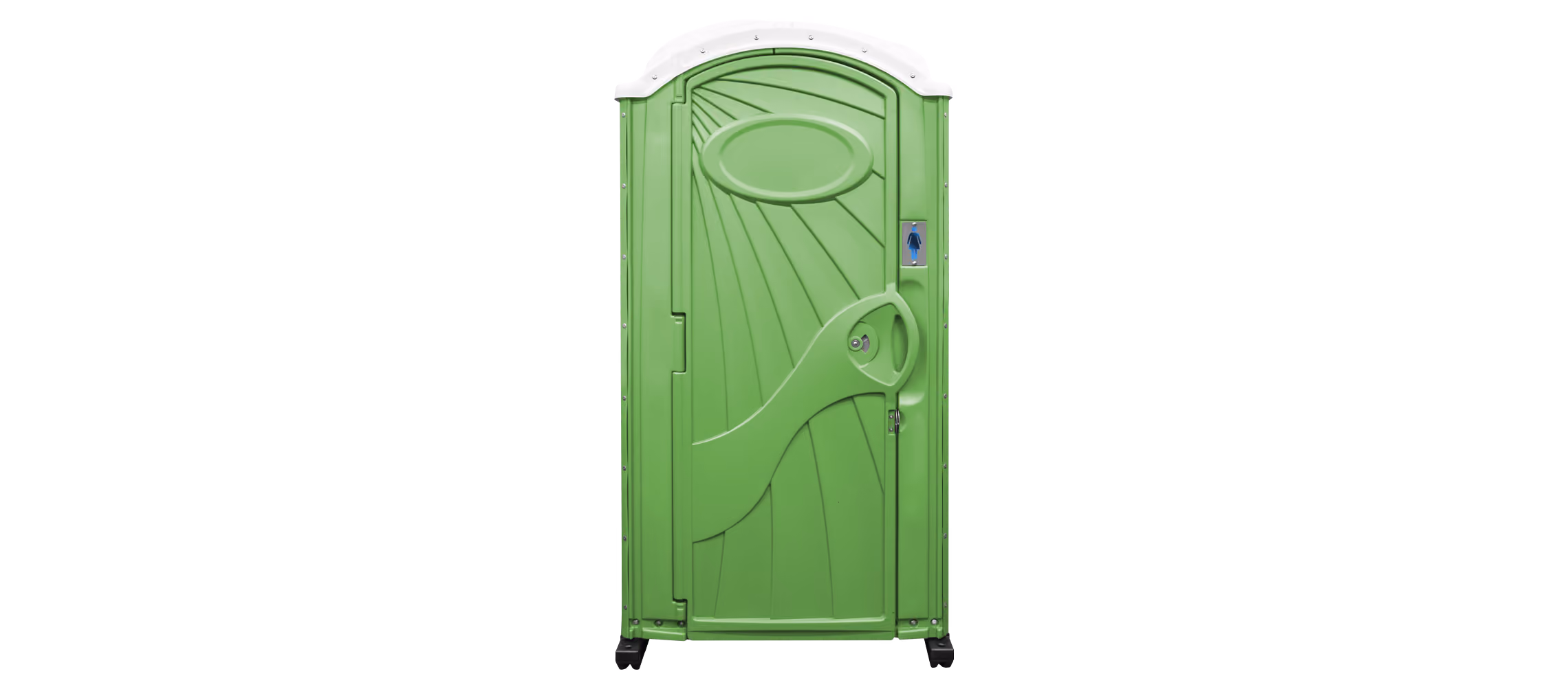 Green portable toilet with a white top and a women's restroom symbol on the door.