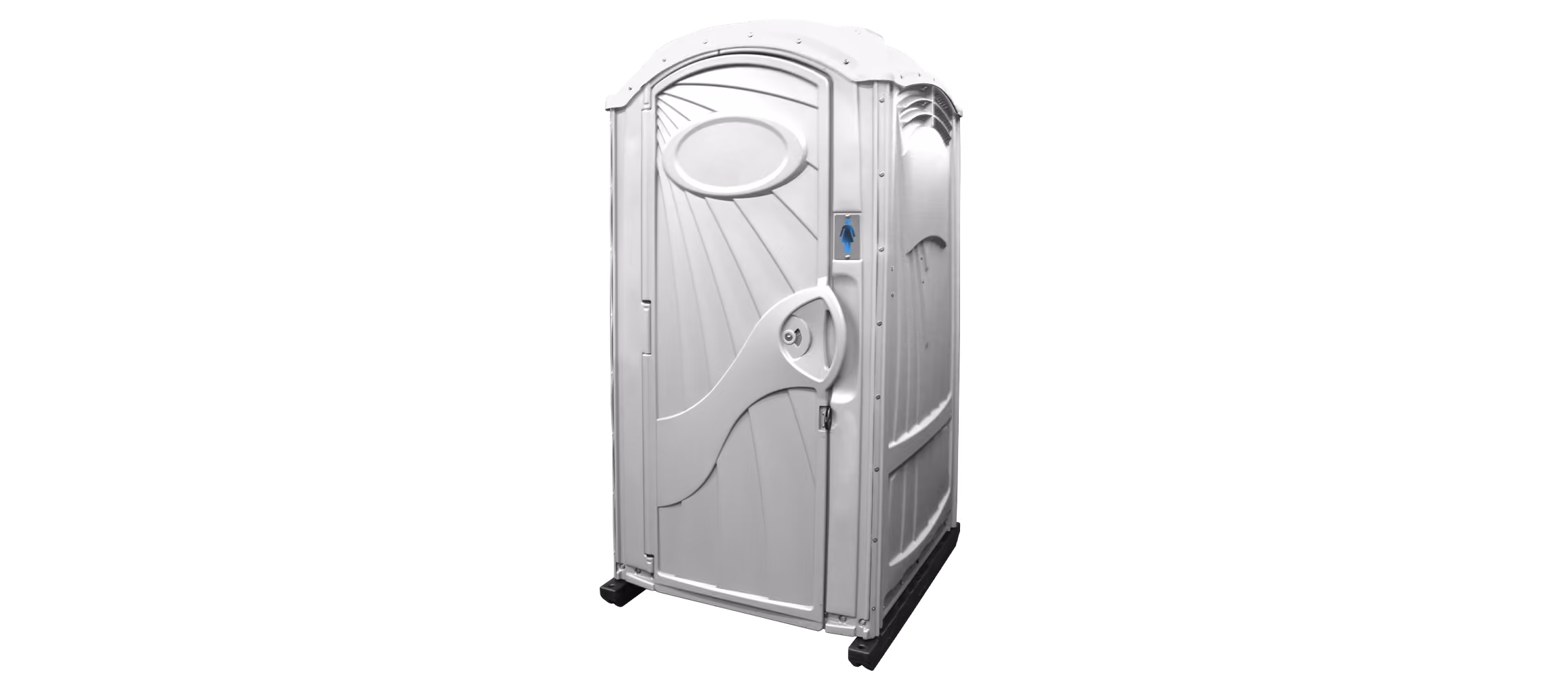 White portable restroom with a curved design and door handle, set against a black background.