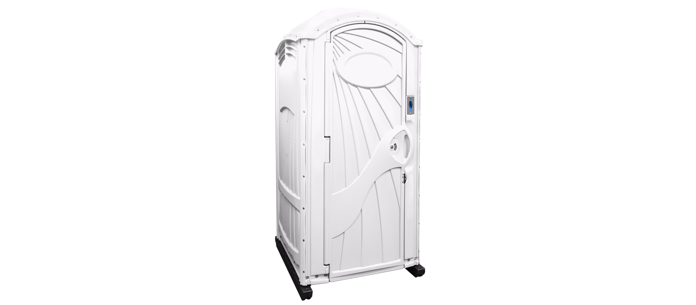 White portable restroom with a curved top and door handle, featuring a sleek design.