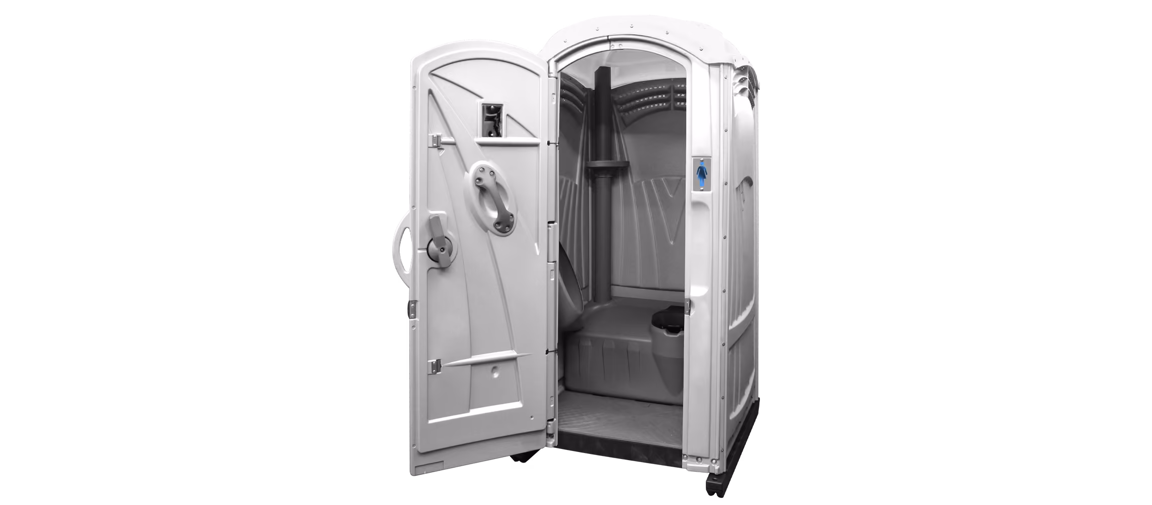 White portable toilet with double doors, interior features toilet and hand sanitizer dispenser.