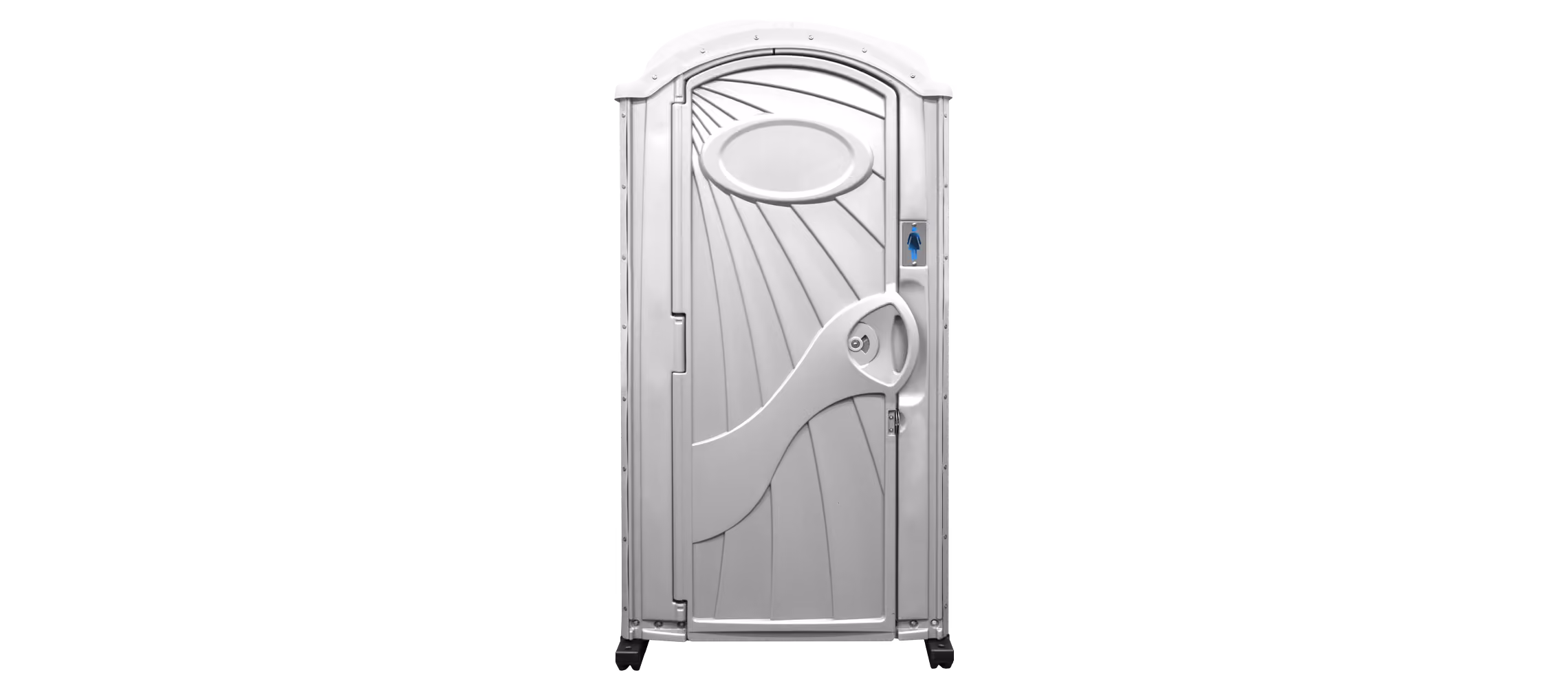 Front view of a closed white portable toilet with a women's restroom sign on the door.