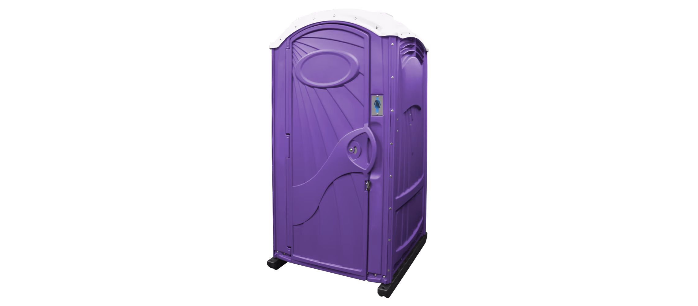 Purple portable restroom with a decorative design and a locking door.
