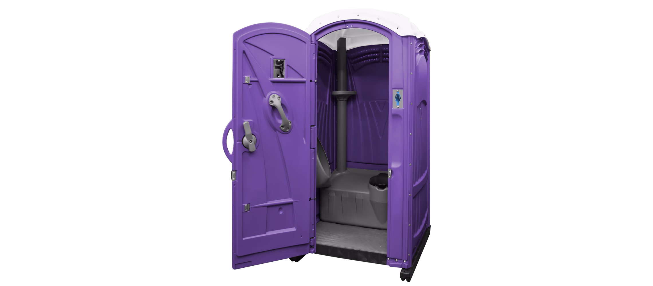 Purple portable toilet with an open door, showcasing interior features and design.