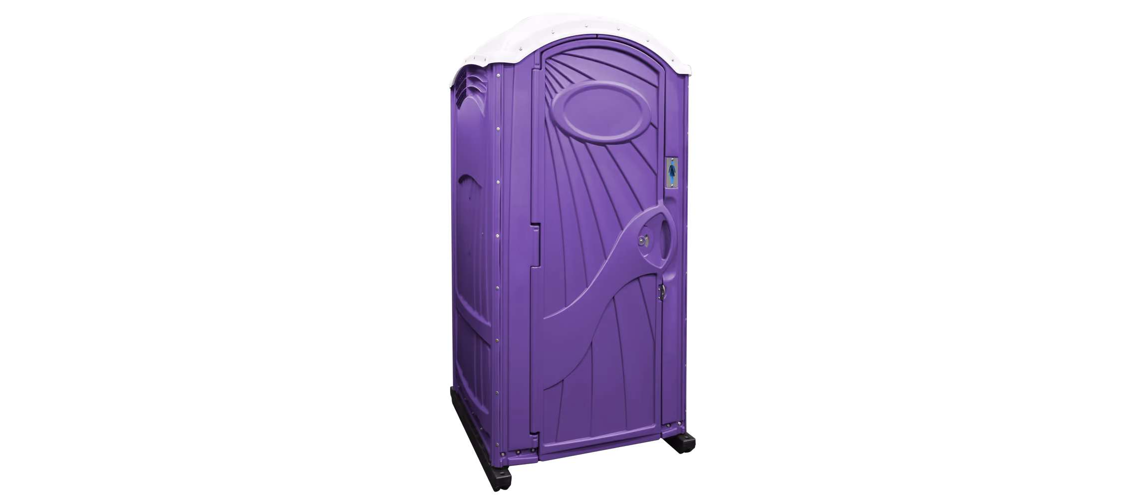 Purple portable restroom with a rounded top and side ventilation. Features a door and access panel.