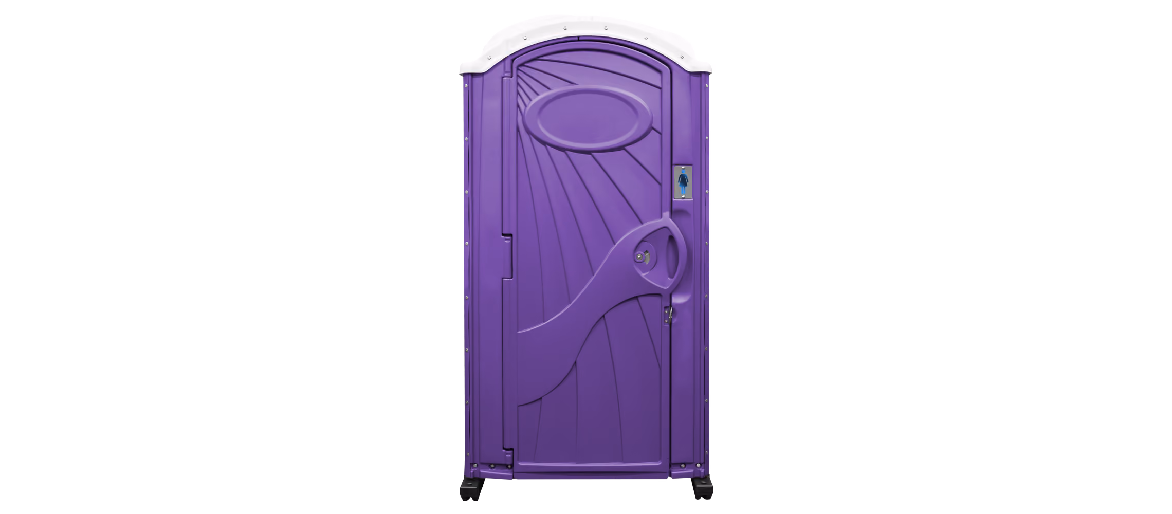 Purple portable women's restroom with white roof and door handle on black wheels.