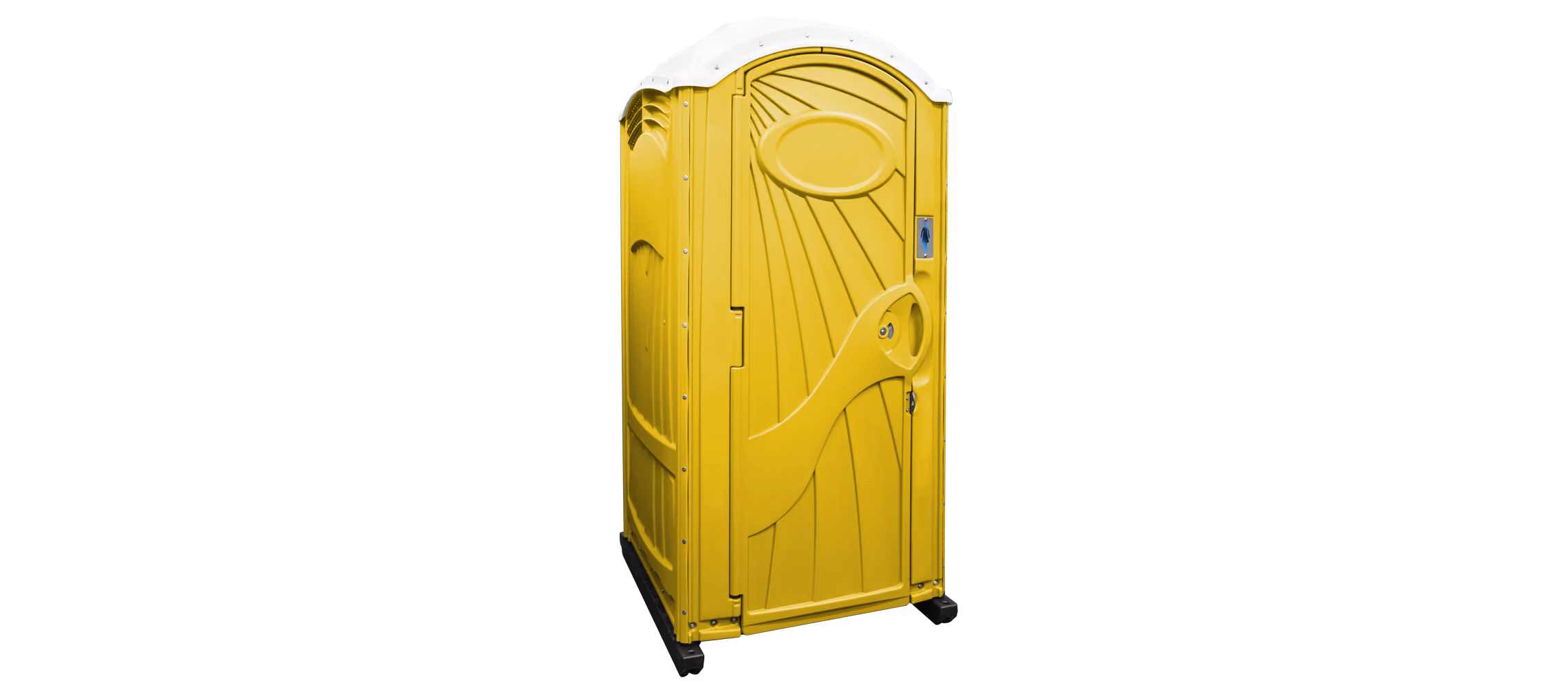 A bright yellow portable restroom with a curved roof and door handles for entry.