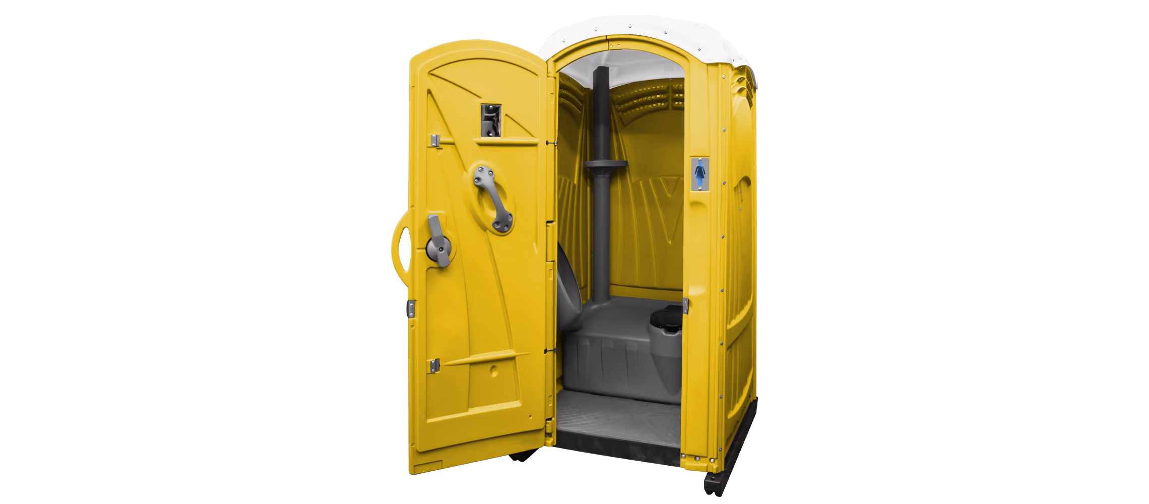 Yellow portable restroom with an open door, featuring a toilet and hand sanitizer dispenser inside.