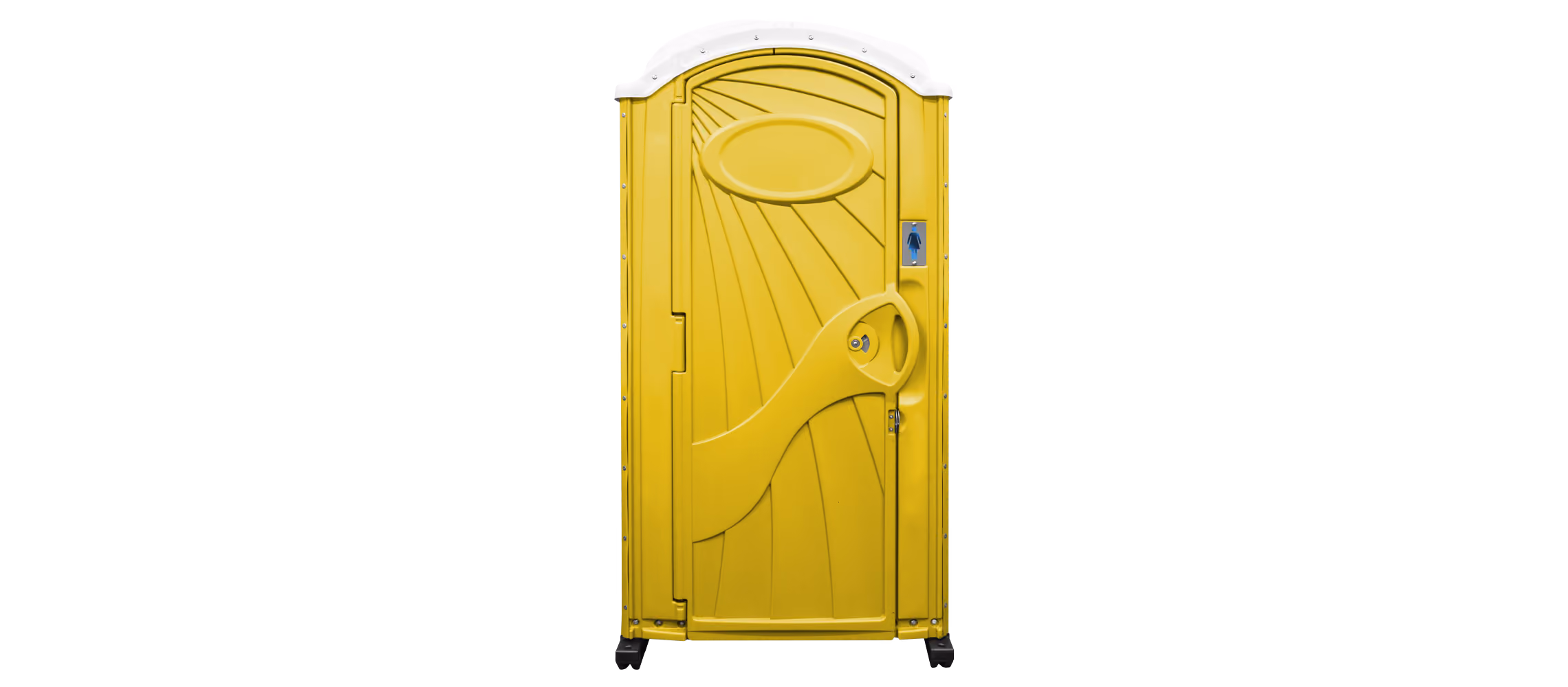 Yellow portable toilet with a white roof and women’s restroom symbol on door.