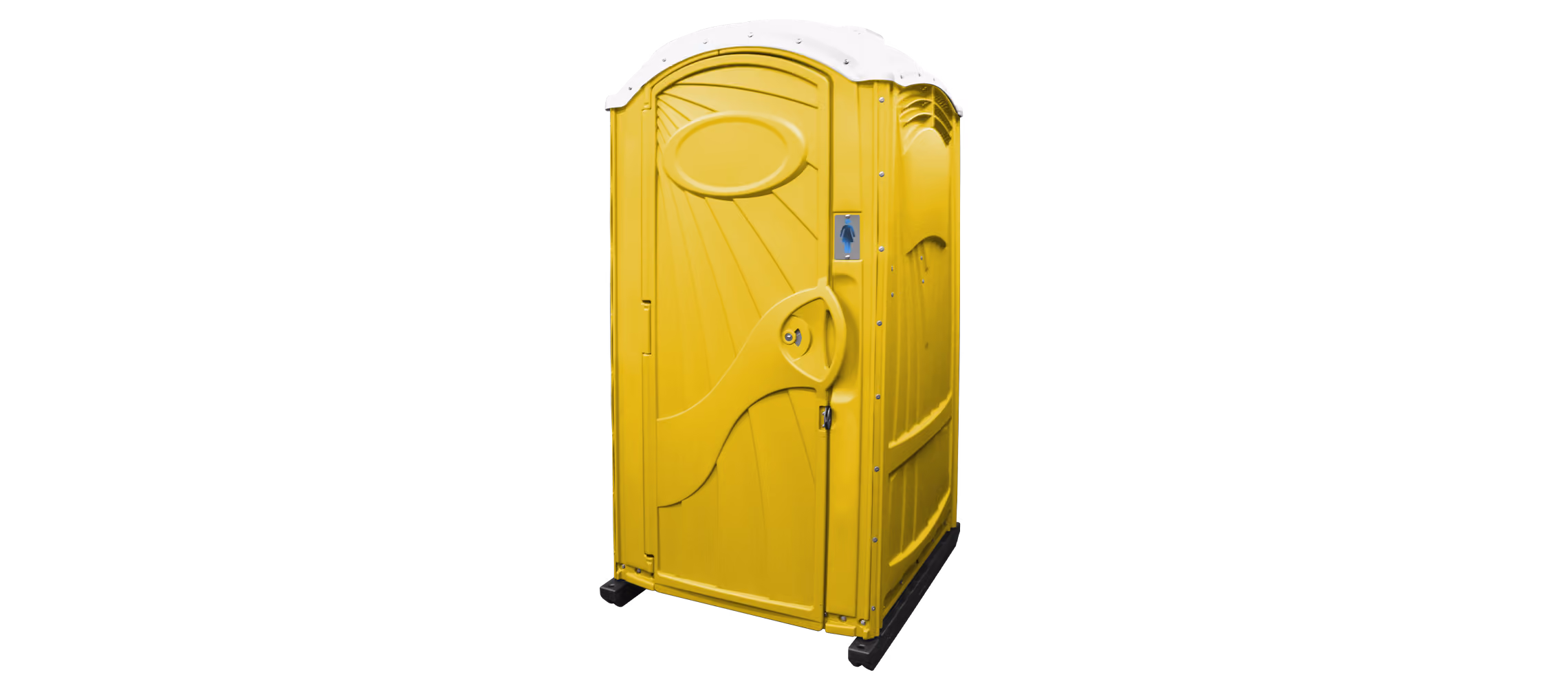 A yellow portable toilet with a curved design and a latch door.