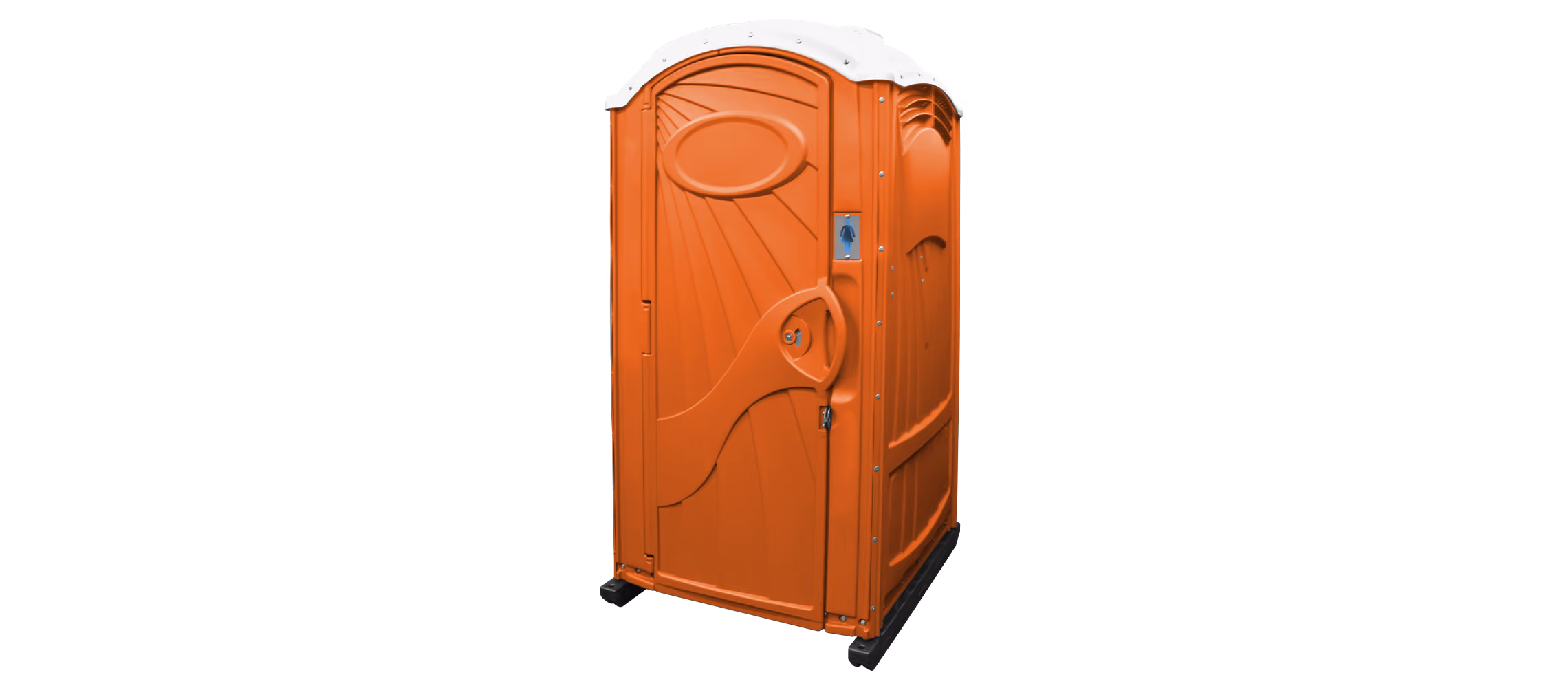 Portable orange restroom with a white roof and decorative paneling.
