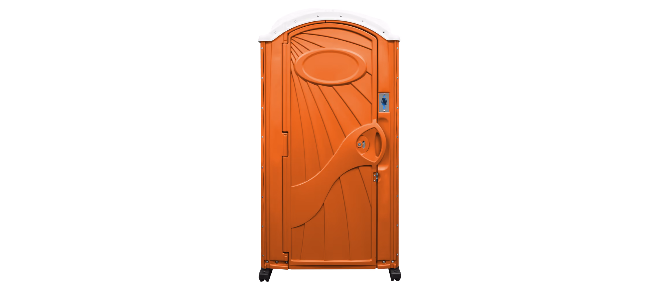 Orange portable restroom with white roof and a women's restroom sign on the door.