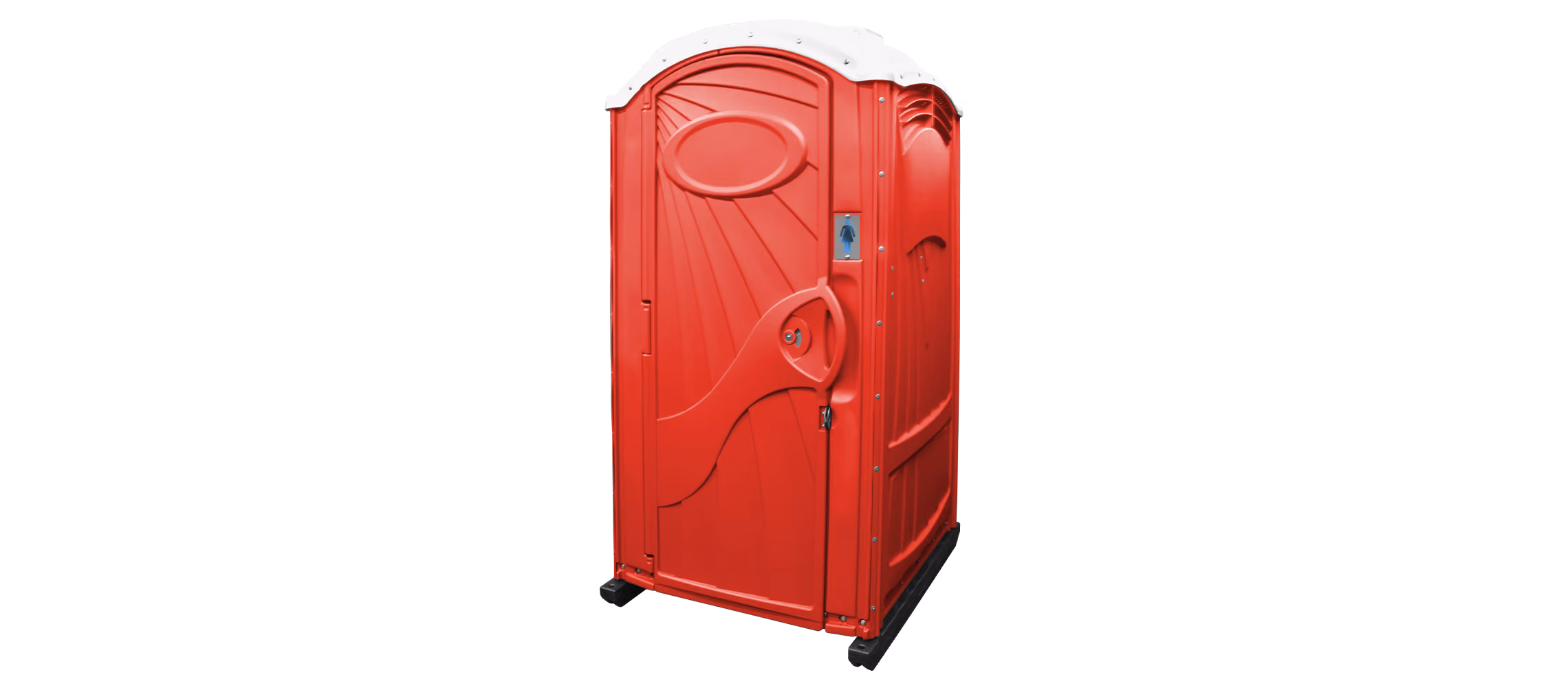 Portable restroom in vibrant red, featuring a smooth curved design and a locking door.