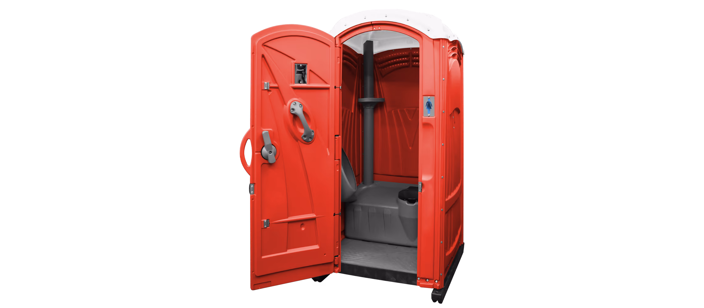 Red portable toilet with two doors open, featuring a gray interior and a hand sanitizer dispenser.