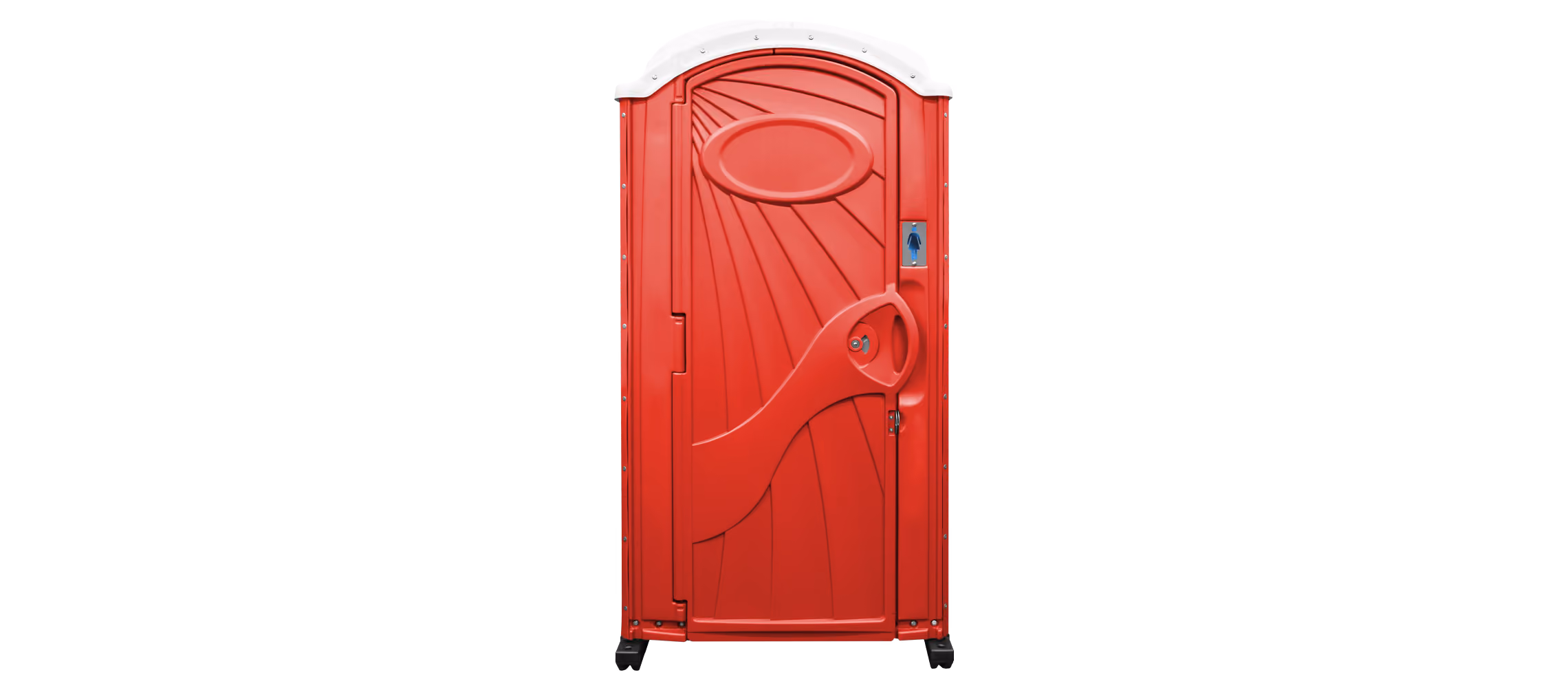 Red portable restroom with white top and a door featuring a female restroom symbol.