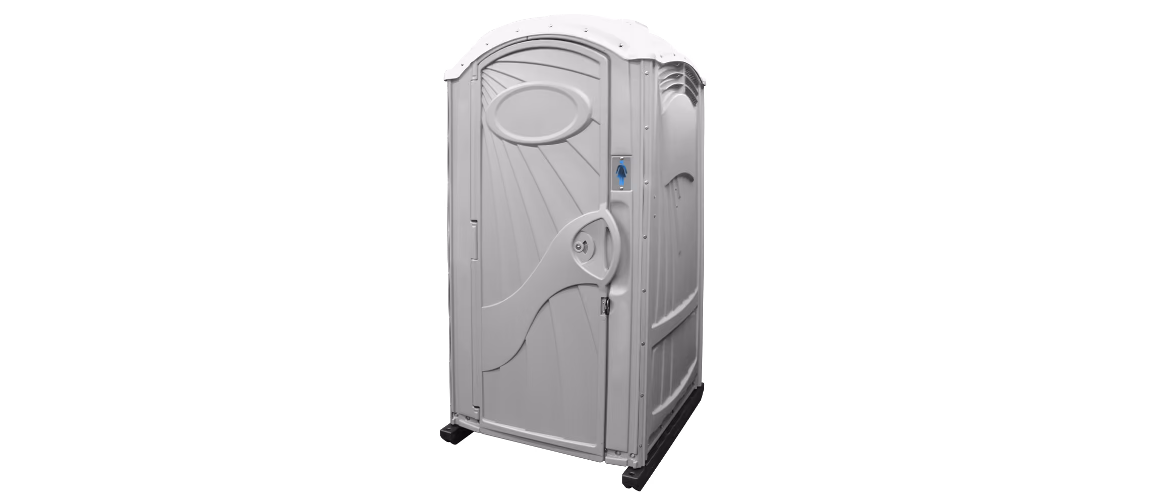 Portable restroom in light gray, featuring a modern design with a curved door and ventilation.