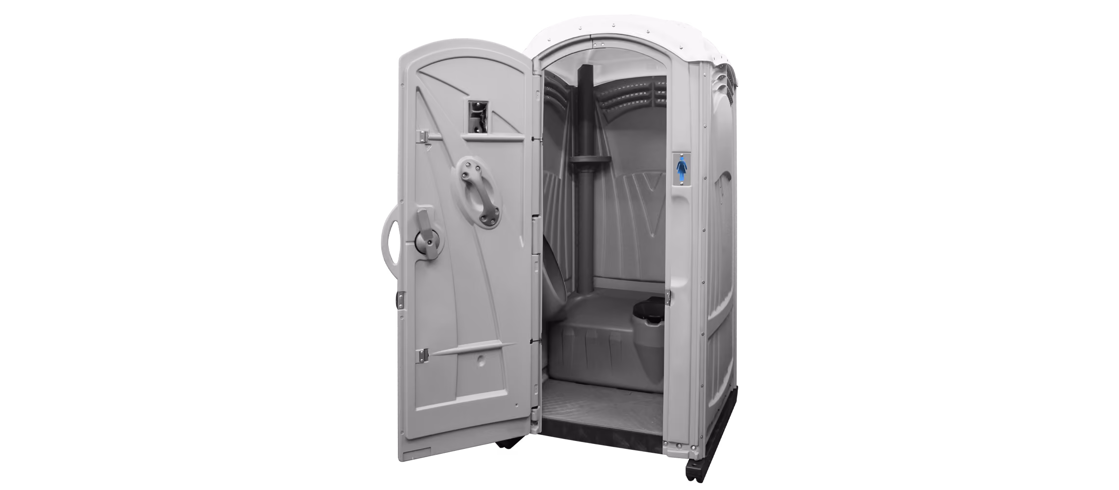 Portable toilet with an open door, featuring a flush system and interior components.