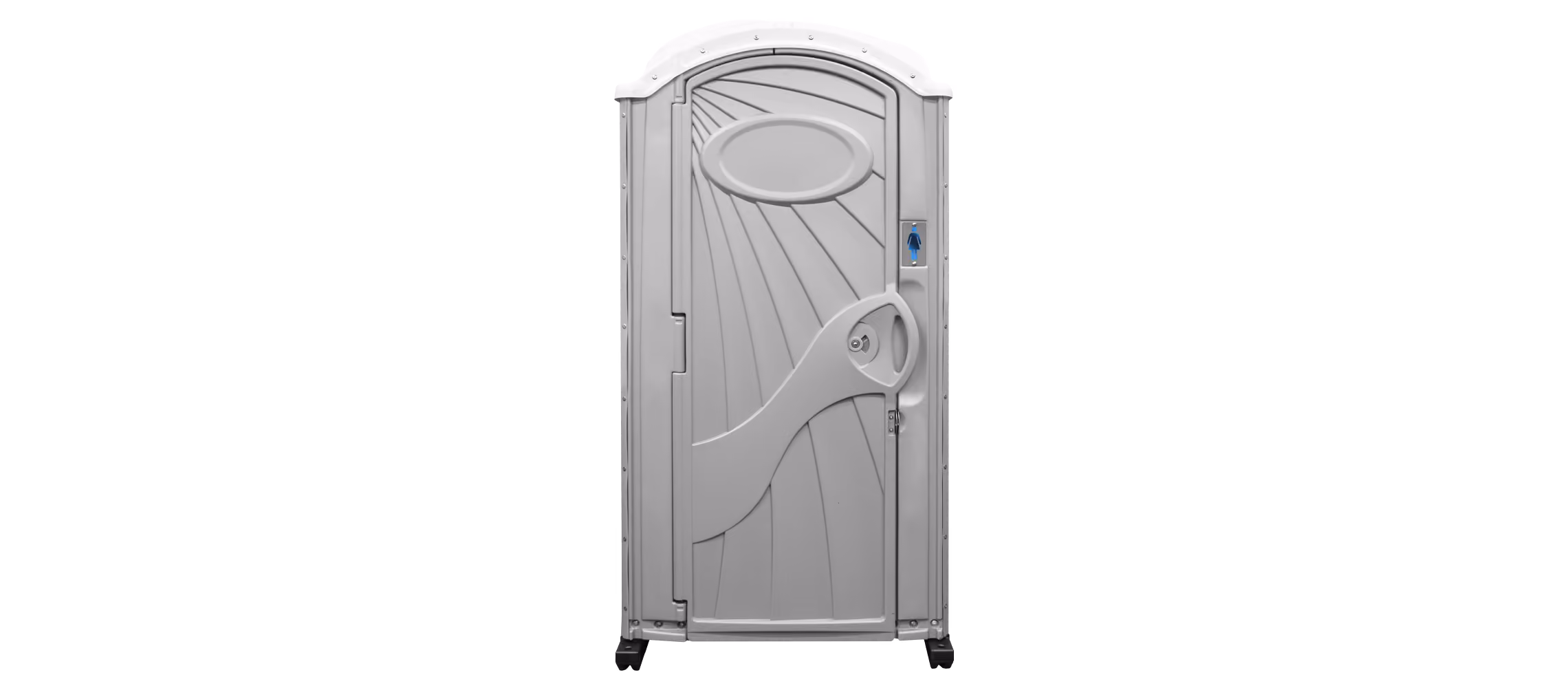 Gray portable outdoor restroom door with a female symbol on the right side.