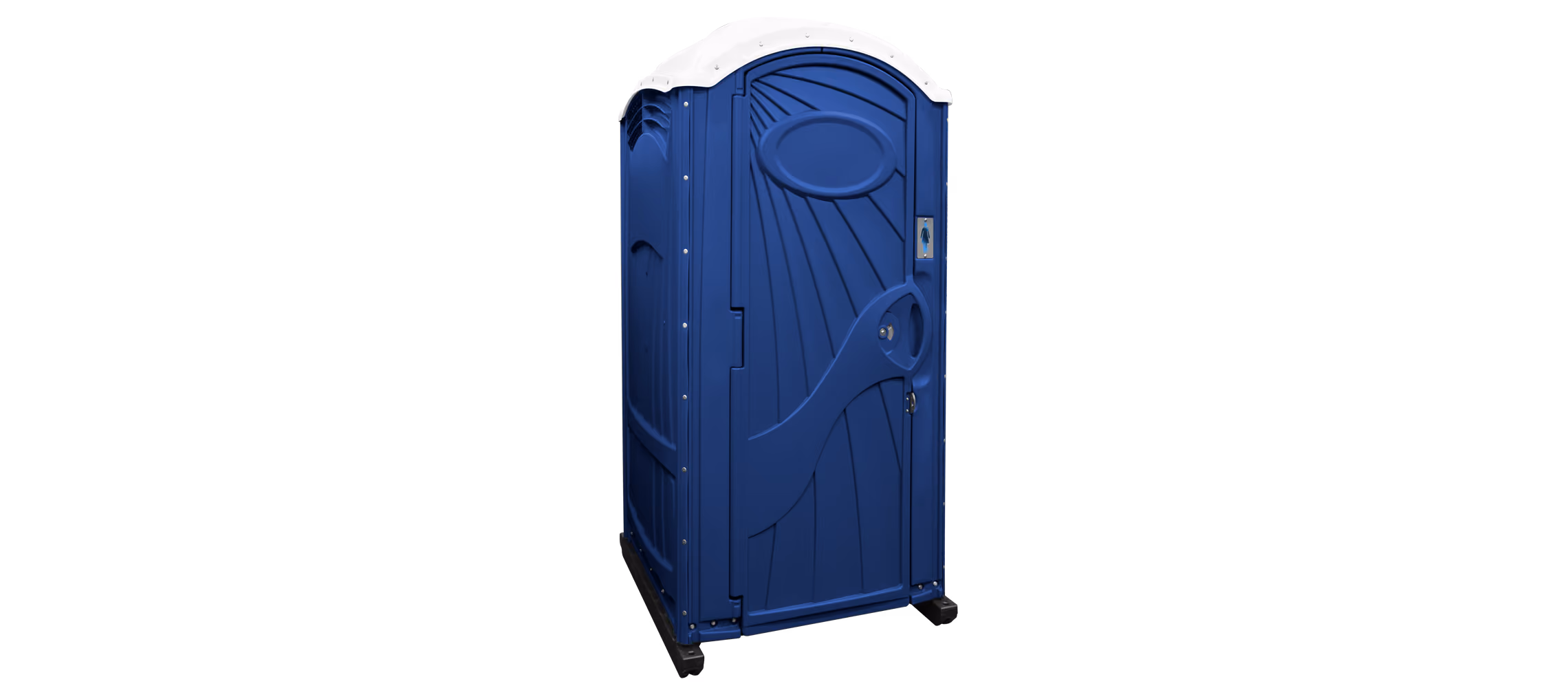 A dark blue portable toilet with a curved roof and a locking door.