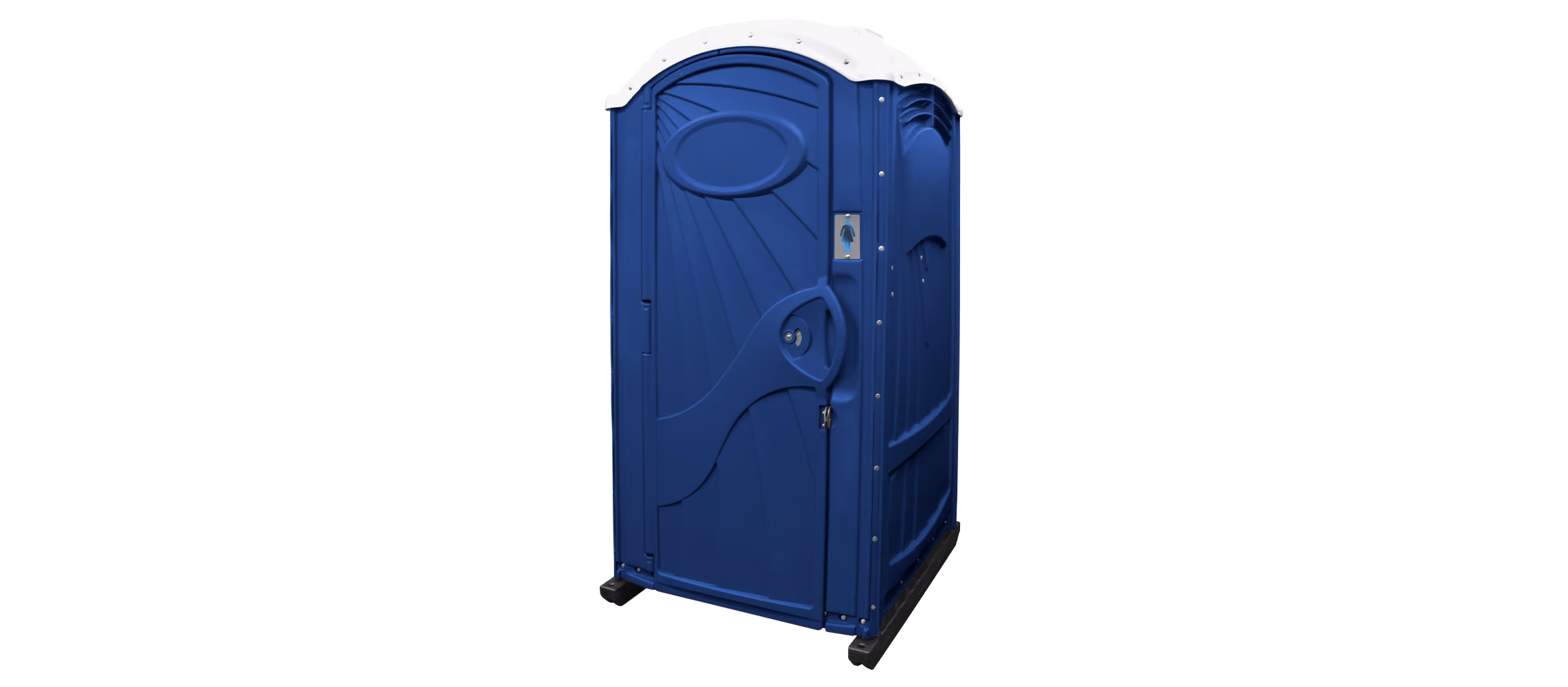 Portable toilet in dark blue color with a white roof and a side access door.