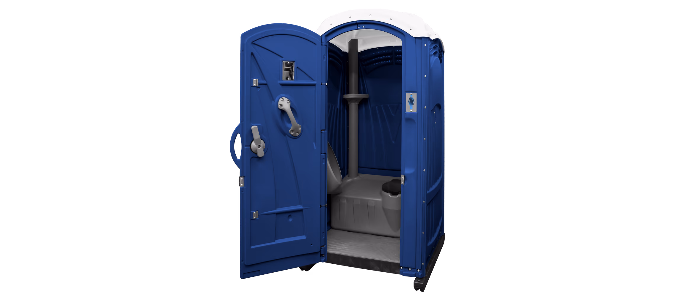 Indoor portable toilet in dark blue with an open door, showing interior features.