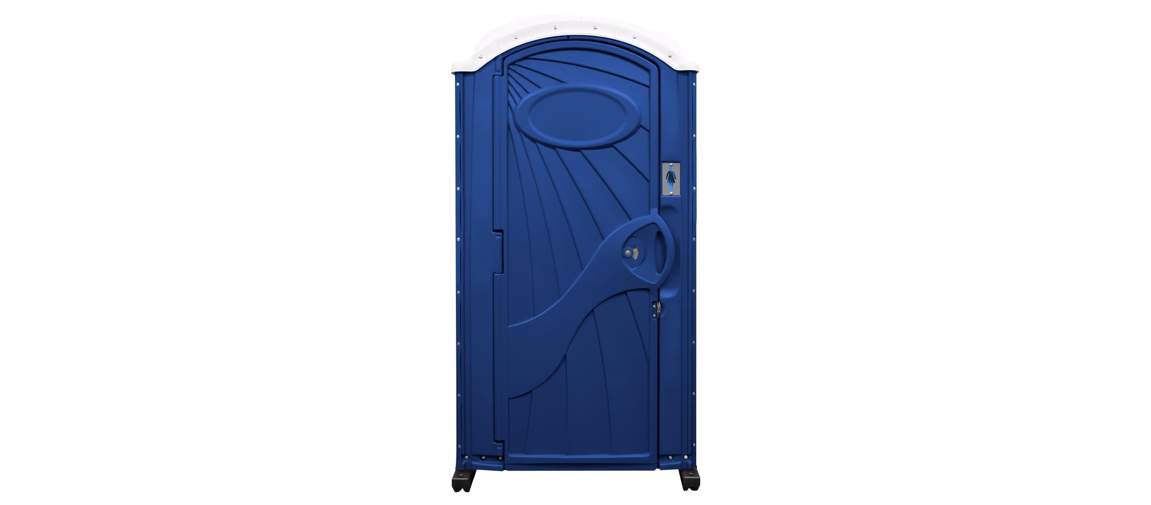 Blue portable toilet with white top and a women's restroom symbol on the door.