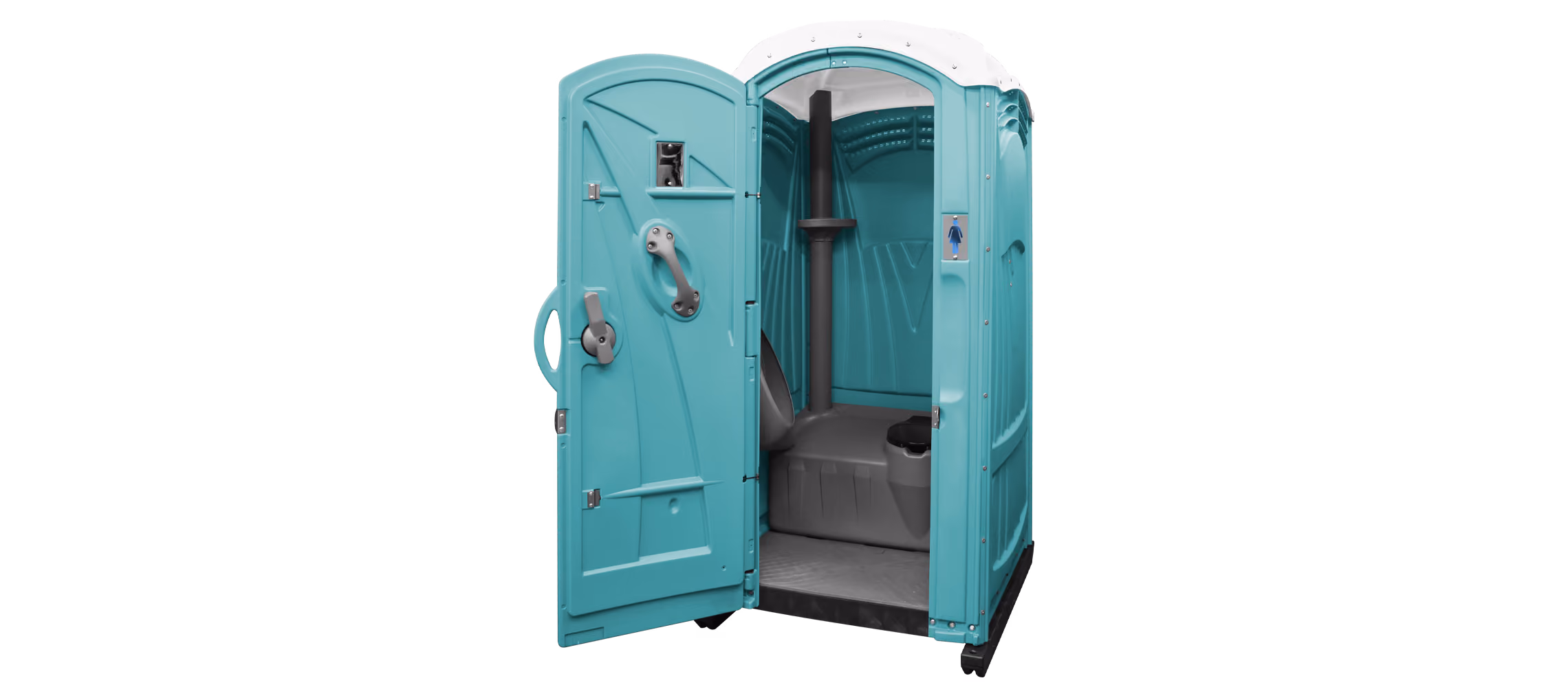 A teal portable restroom with an open door, showcasing the interior and toilet features.