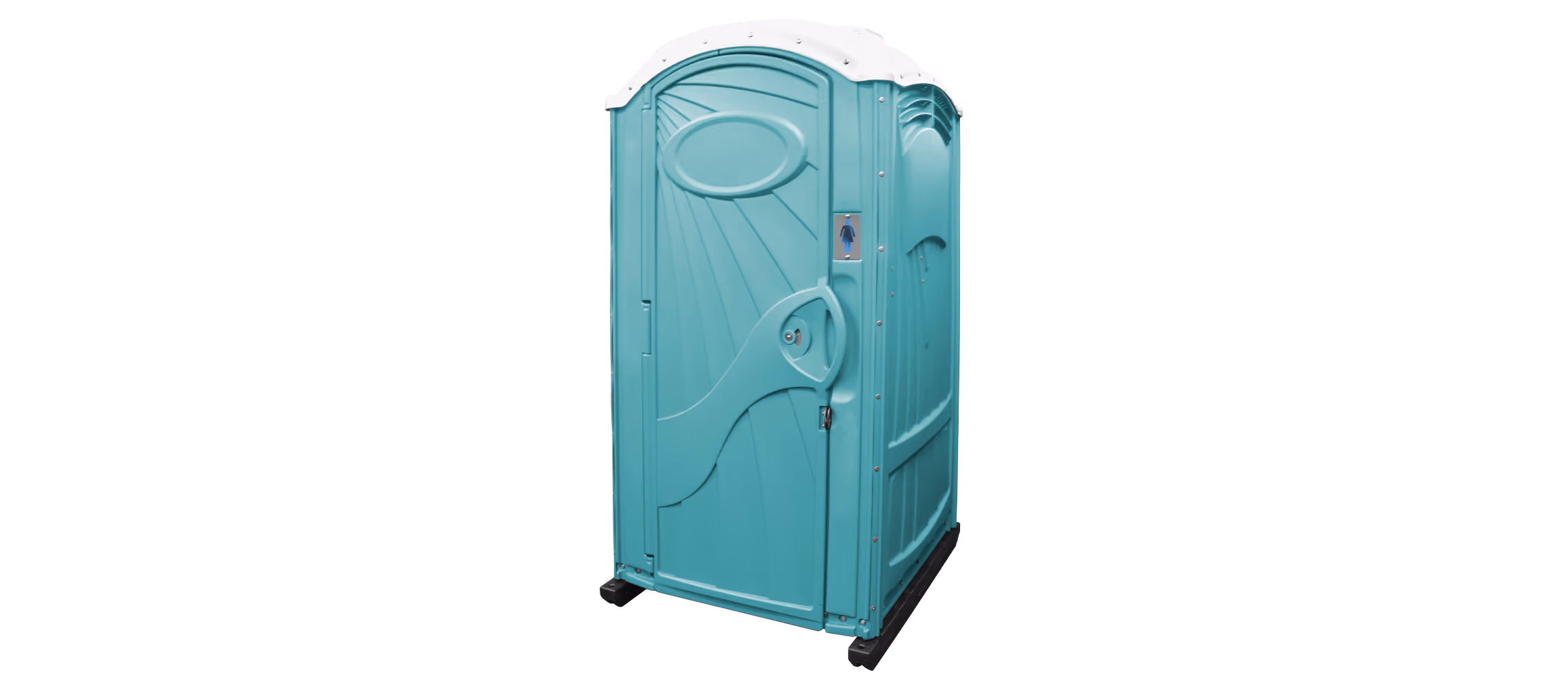 Teal portable toilet with a rounded roof and a single access door.