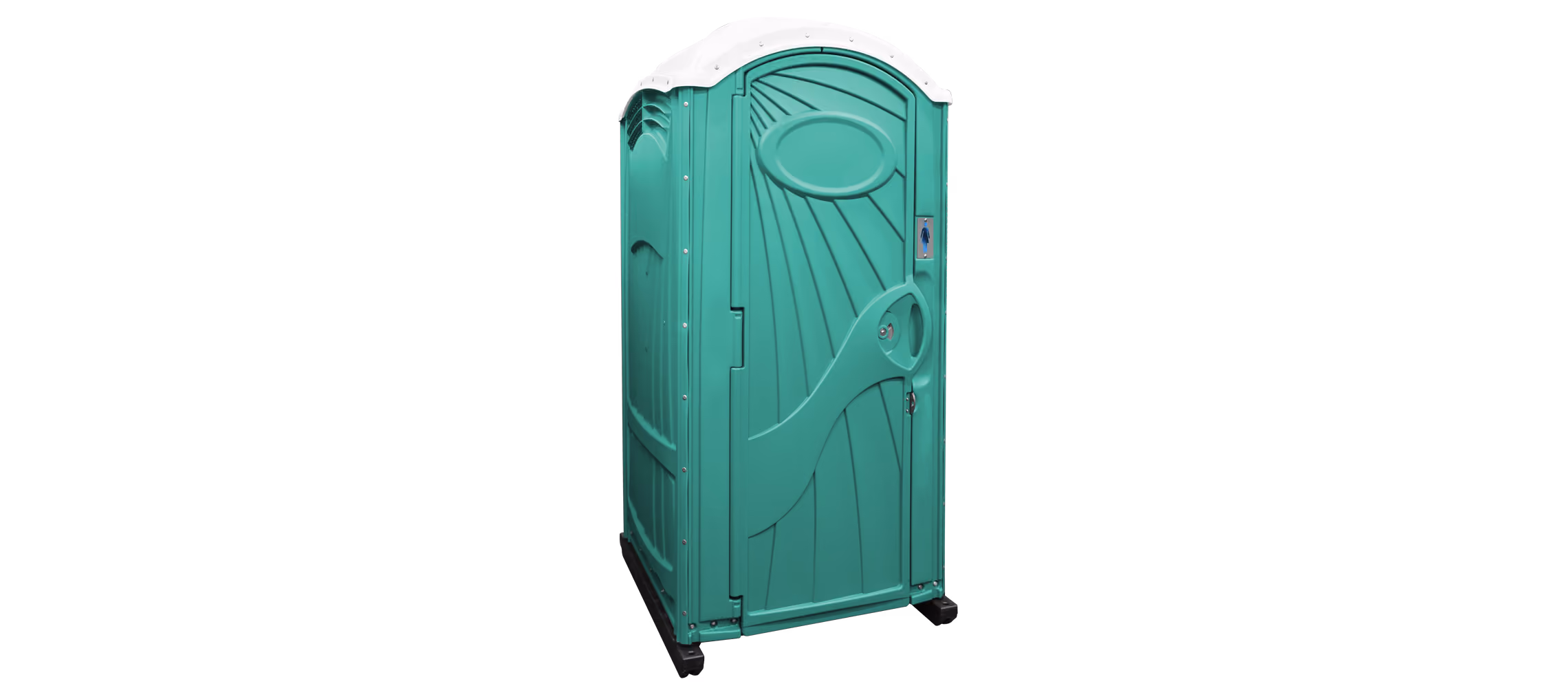 Portable restroom in aqua color with a white roof and a distinctive design.