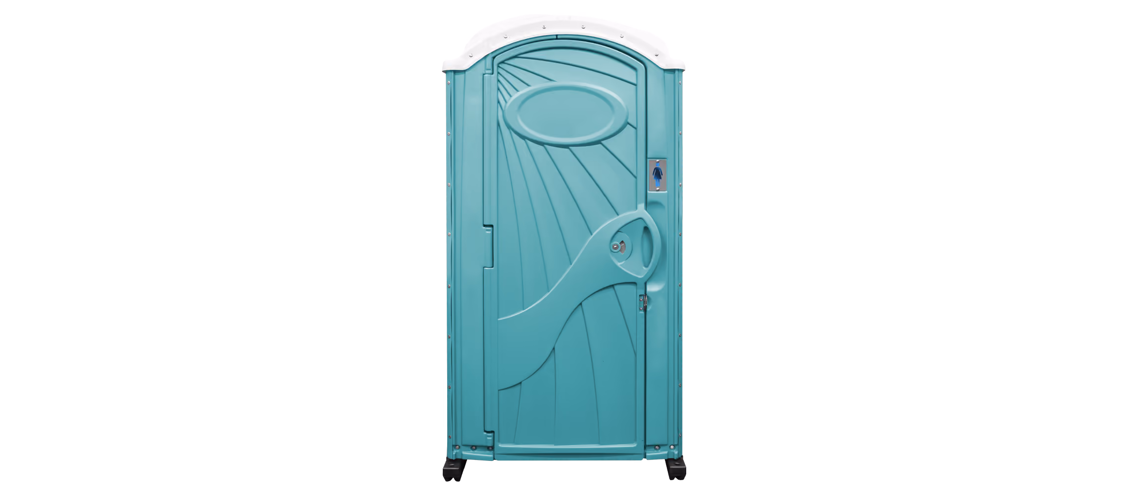 Aqua-colored portable toilet with a closed door and a small female restroom sign.