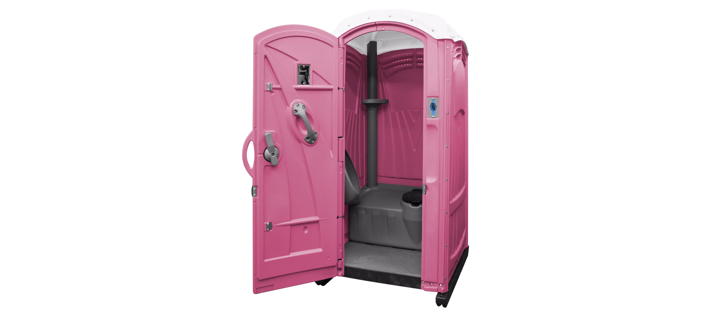 Pink portable toilet with an open door, featuring a gray interior and hand sanitizer dispenser.